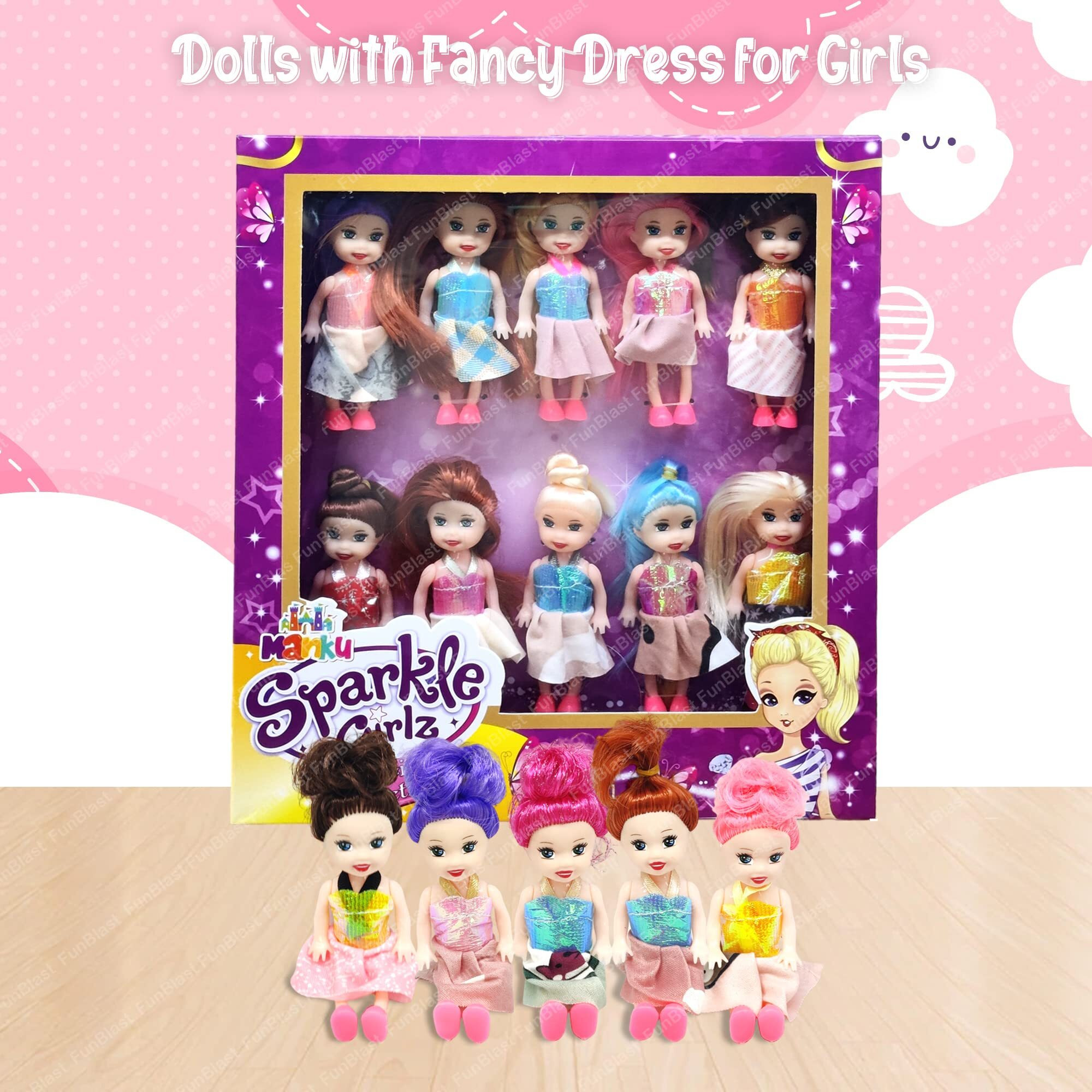 Funblast Doll Toys For Kids, (Pack Of 10 Pcs)- Small Doll For Girls- 10 Cm Cute Realistic Dolls For Girls, Dolls For 3+ Years Girls (Dress Color May Vary)