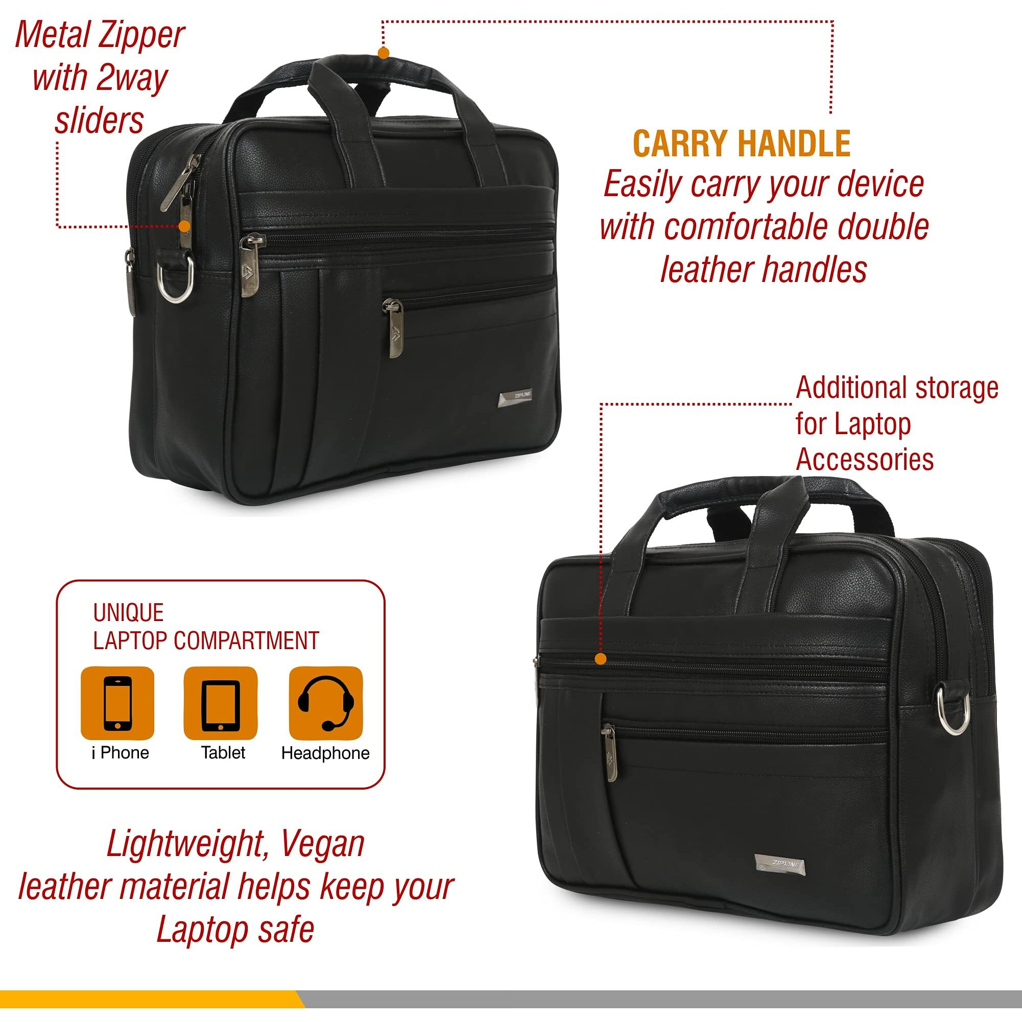 Zipline Office Faux Leather Small Laptop Bag For Men - Fits 13 Inch Laptop/Tablet Messenger Bags For Mens (1-Black Bag)