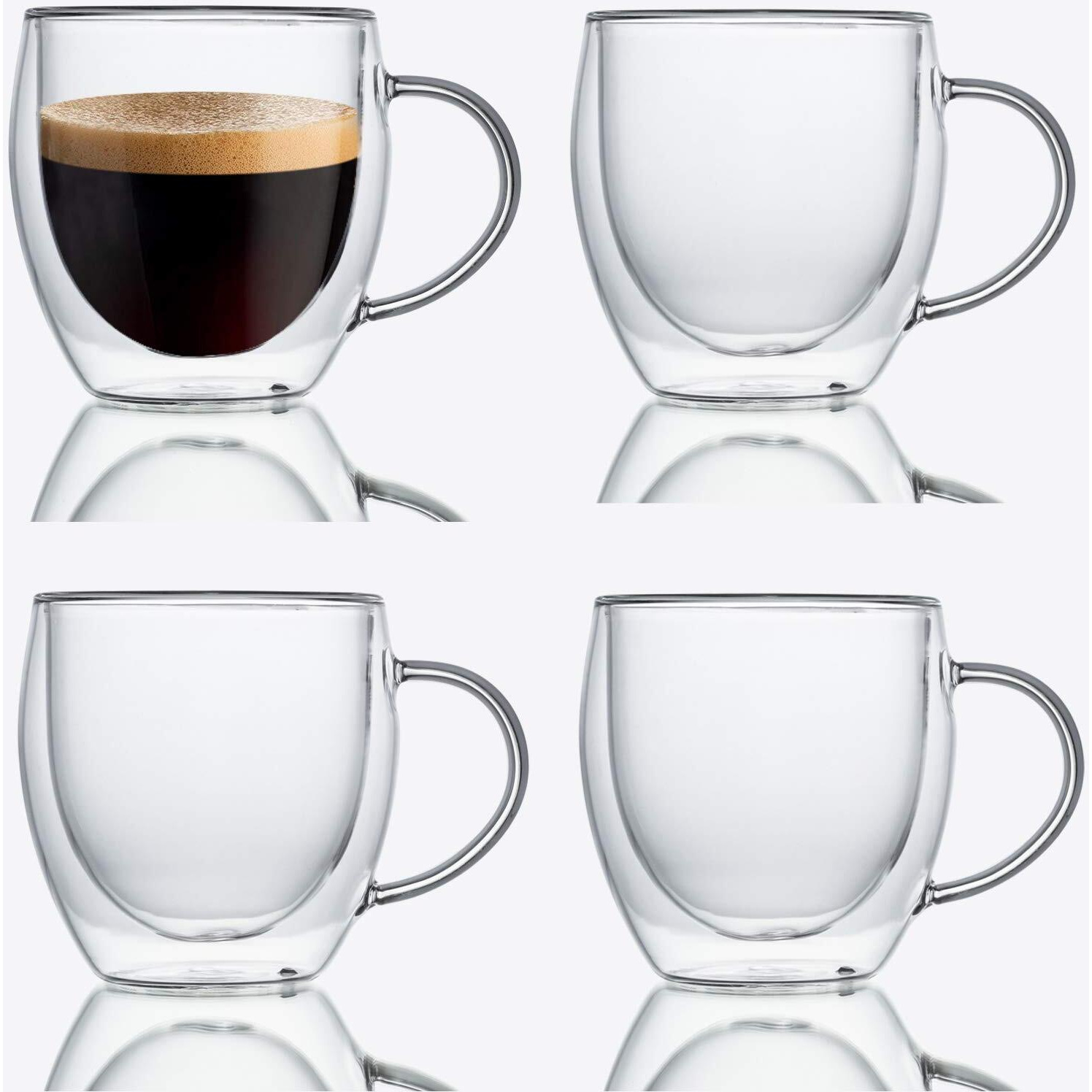 Zoneyila Double Wall Glass Coffee Mugs Set With Handle, 8Oz Tea Cups, Clear Glass Drinkware For Espresso, Cappuccino, Latte, Hot Beverages[4-Pack,8 Ounce]