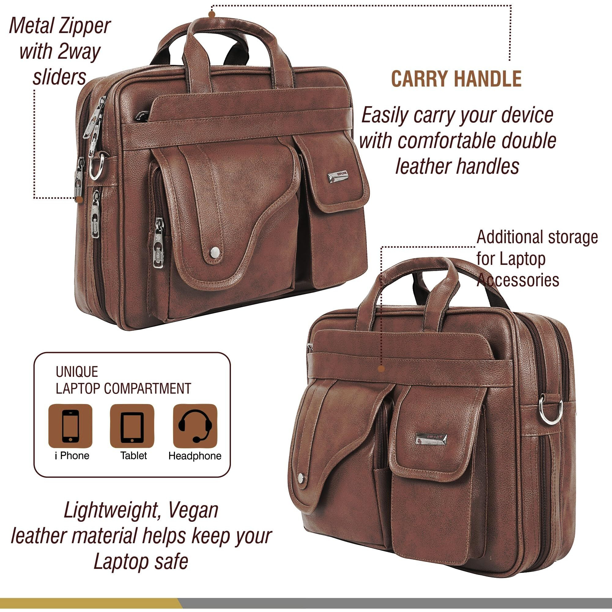 Zipline Office Synthetic Leather Laptop Bag For Men Women, 15.6" Compatible Laptop Messenger Bags For Men & Women (1-Brown Bag)