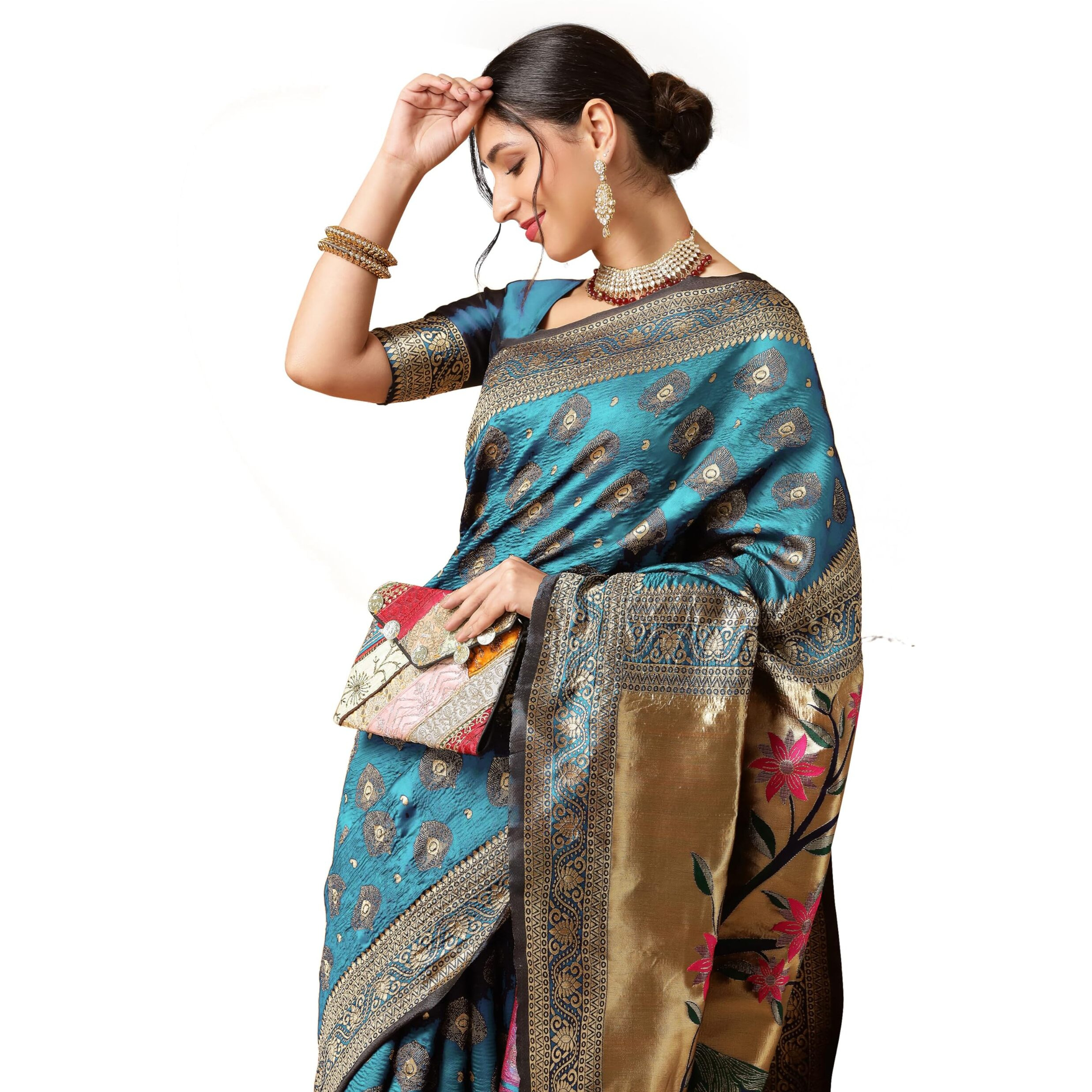 Ethnicjunction Women's Paithani Silk Blend Woven Saree With Blouse Piece (Sky)