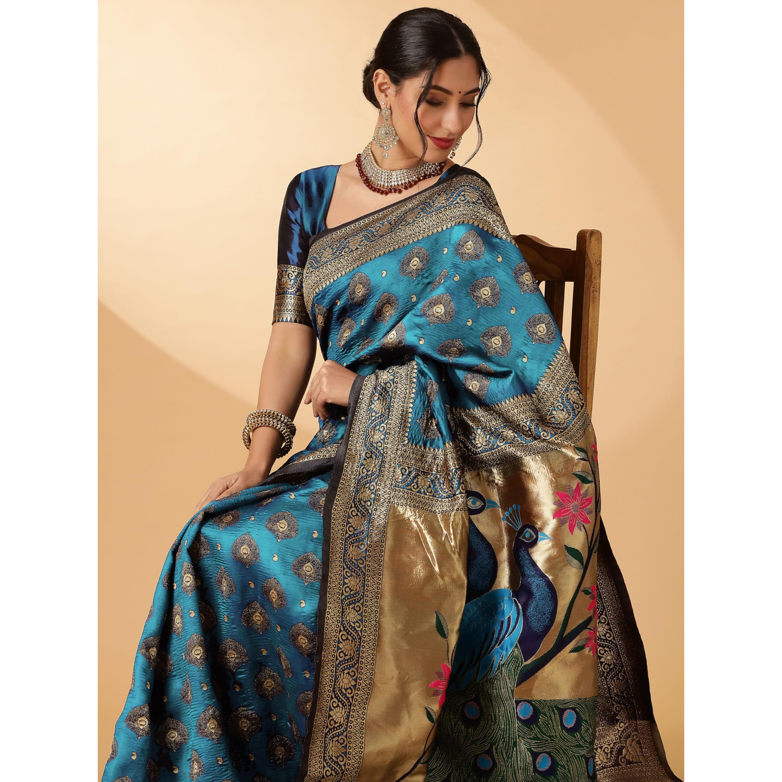 Ethnicjunction Women's Paithani Silk Blend Woven Saree With Blouse Piece (Sky)