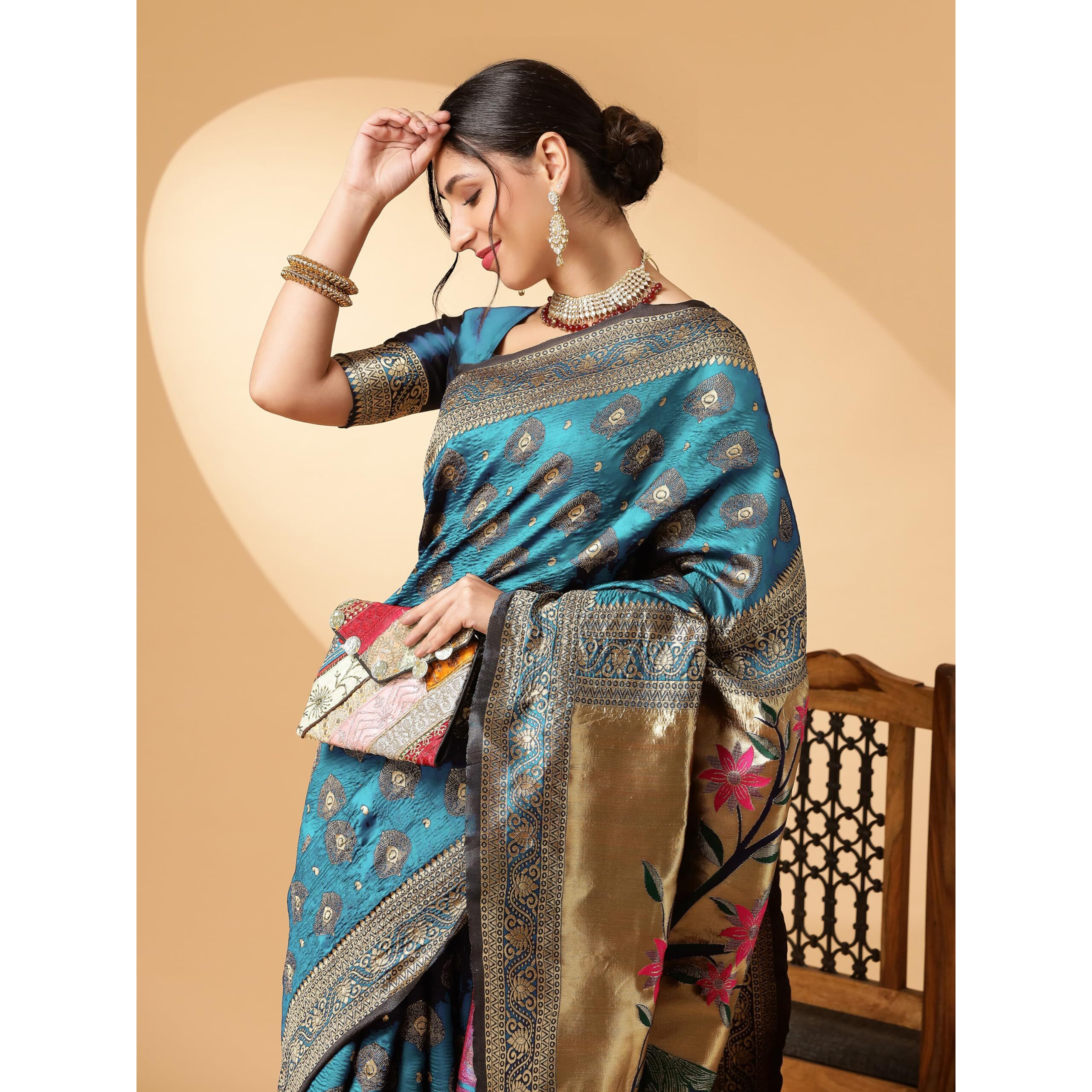 Ethnicjunction Women's Paithani Silk Blend Woven Saree With Blouse Piece (Sky)