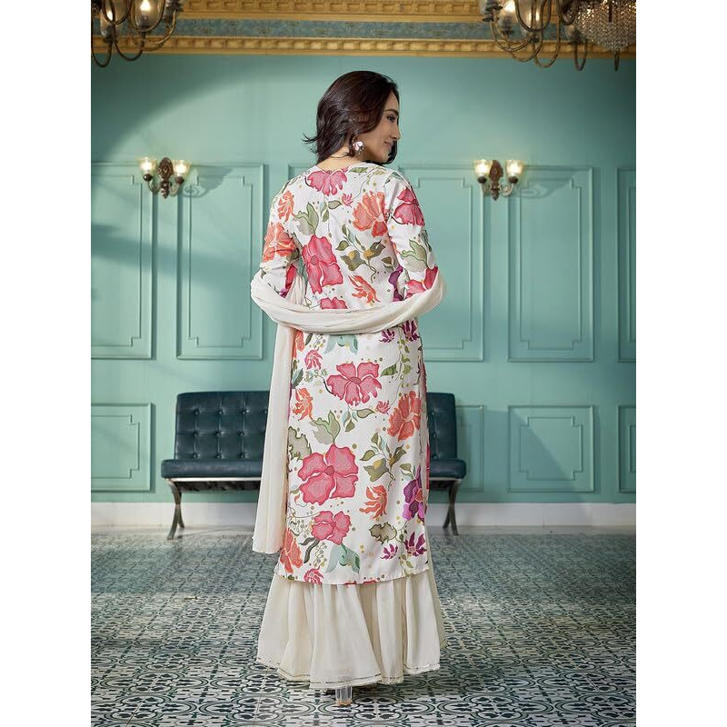 Royal Export Women's Viscose Floral/Mirror Work Embroidered Straight Kurta Sharara With Dupatta (Rx94-Surbhimirrorprint_Multicolor_S)
