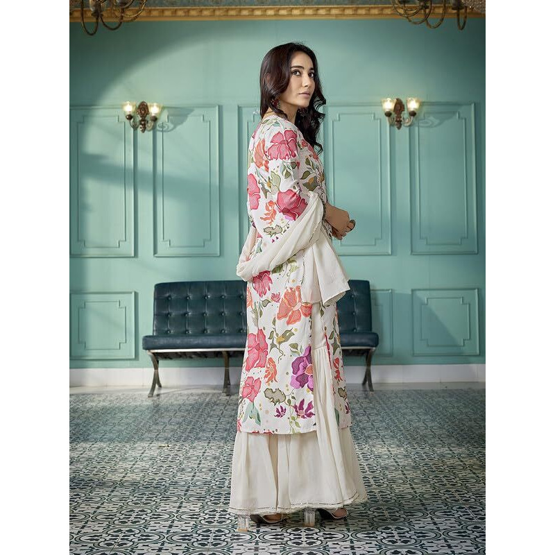 Royal Export Women's Viscose Floral/Mirror Work Embroidered Straight Kurta Sharara With Dupatta (Rx94-Surbhimirrorprint_Multicolor_S)