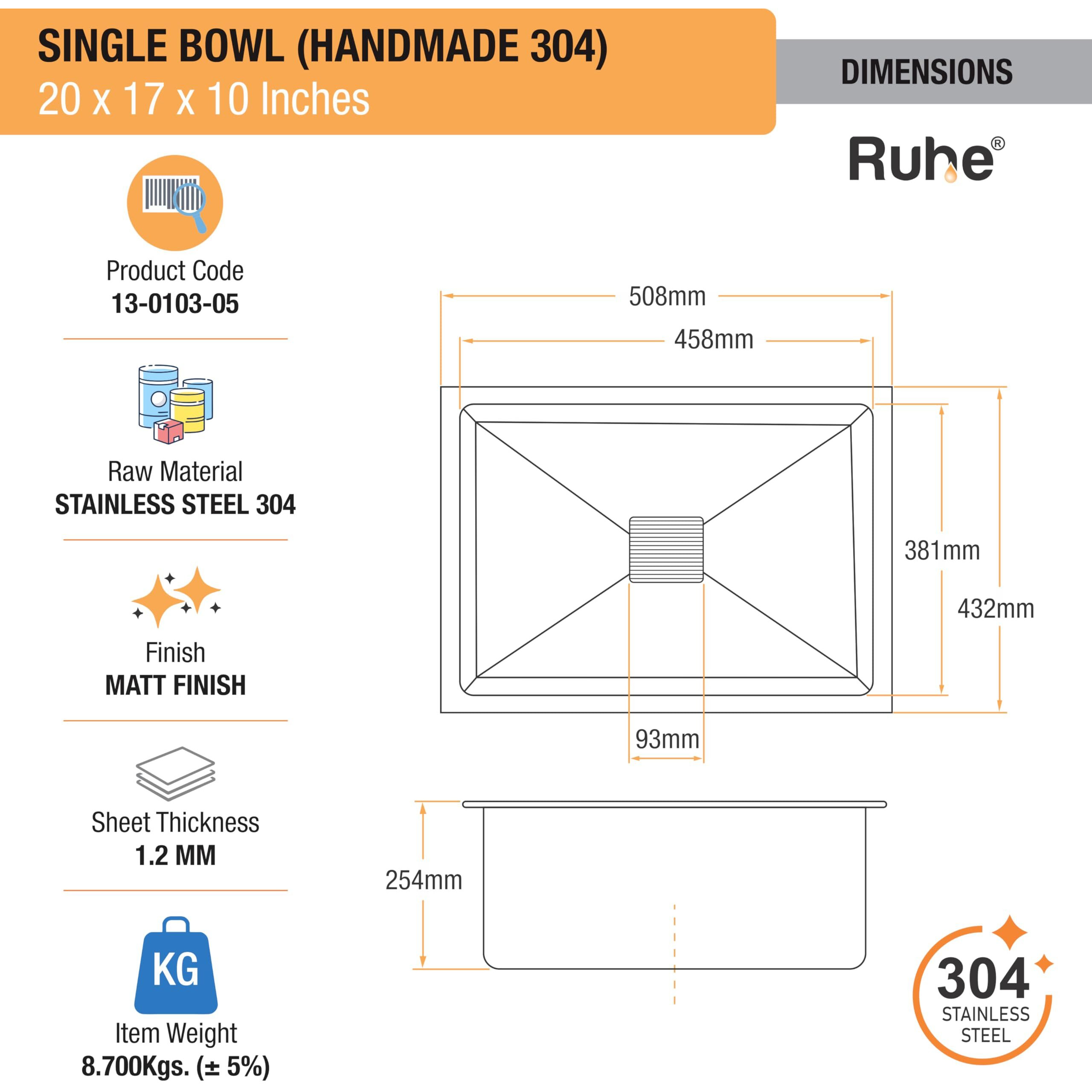 Ruhe Handmade Single Bowl 20 X 17 X 10 Inches 304-Grade Kitchen Sink | Stainless Steel Handmade Kitchen Sink | Brushed Matte Finish | Strainer-Basket/Sink Coupling/Waste Pipe - Grey