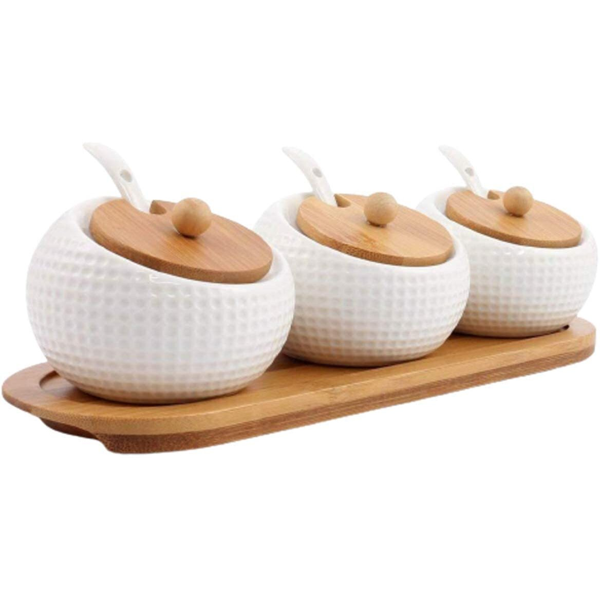 Agabani Ceramic Condiment Pots,Set Of 3 Condiment Jar Spice Container With Bamboo Lids And Spoon Seasoning Pots For Kitchen,Coffee Bar,Condiment Spice Jar For Kitchen
