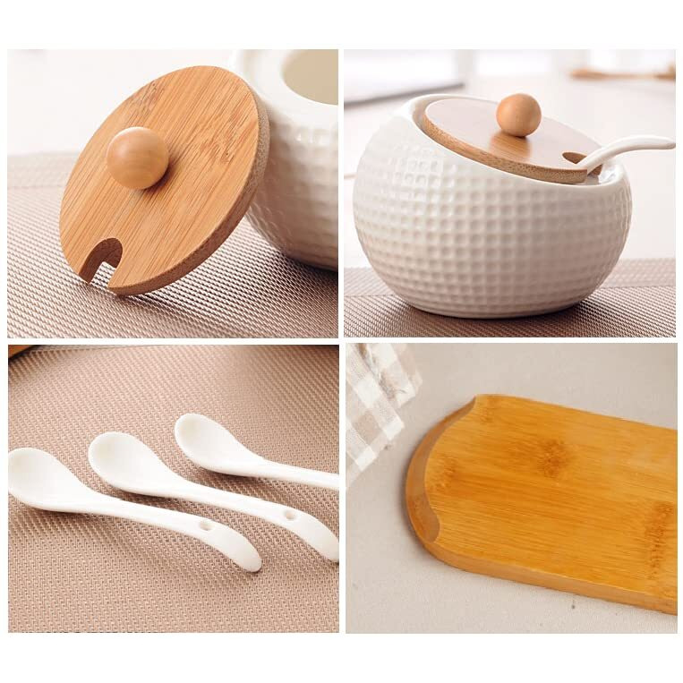 Agabani Ceramic Condiment Pots,Set Of 3 Condiment Jar Spice Container With Bamboo Lids And Spoon Seasoning Pots For Kitchen,Coffee Bar,Condiment Spice Jar For Kitchen