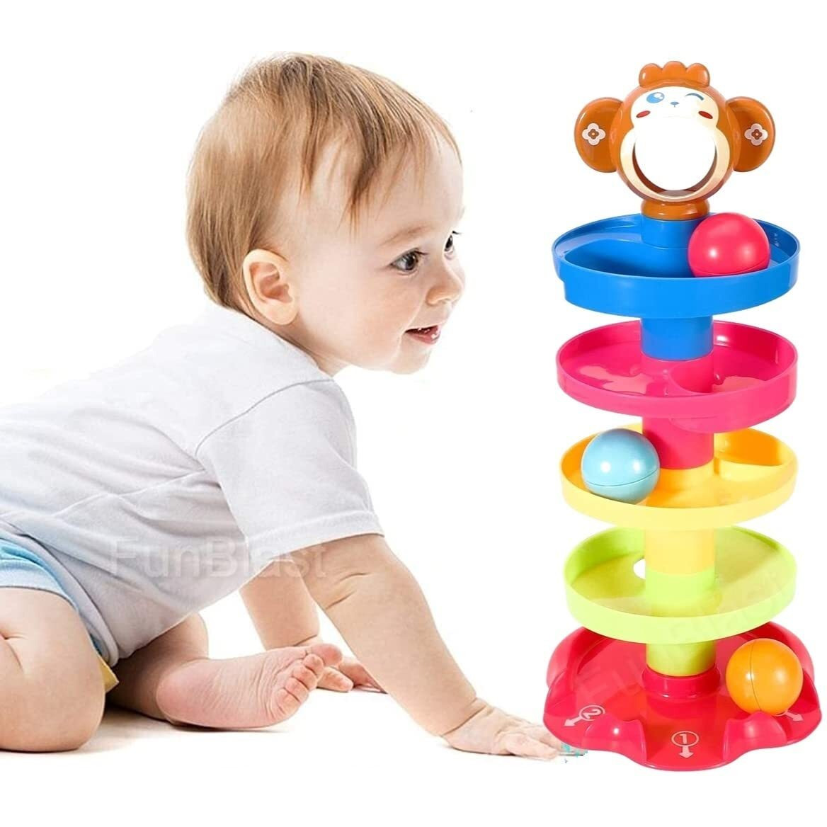 Funblast Roll Swirling Tower For Baby & Toddler Educational Toys | Stack, Drop And Go Ball Ramp Toy Set Includes 3 Spinning Activity Balls - Multicolor