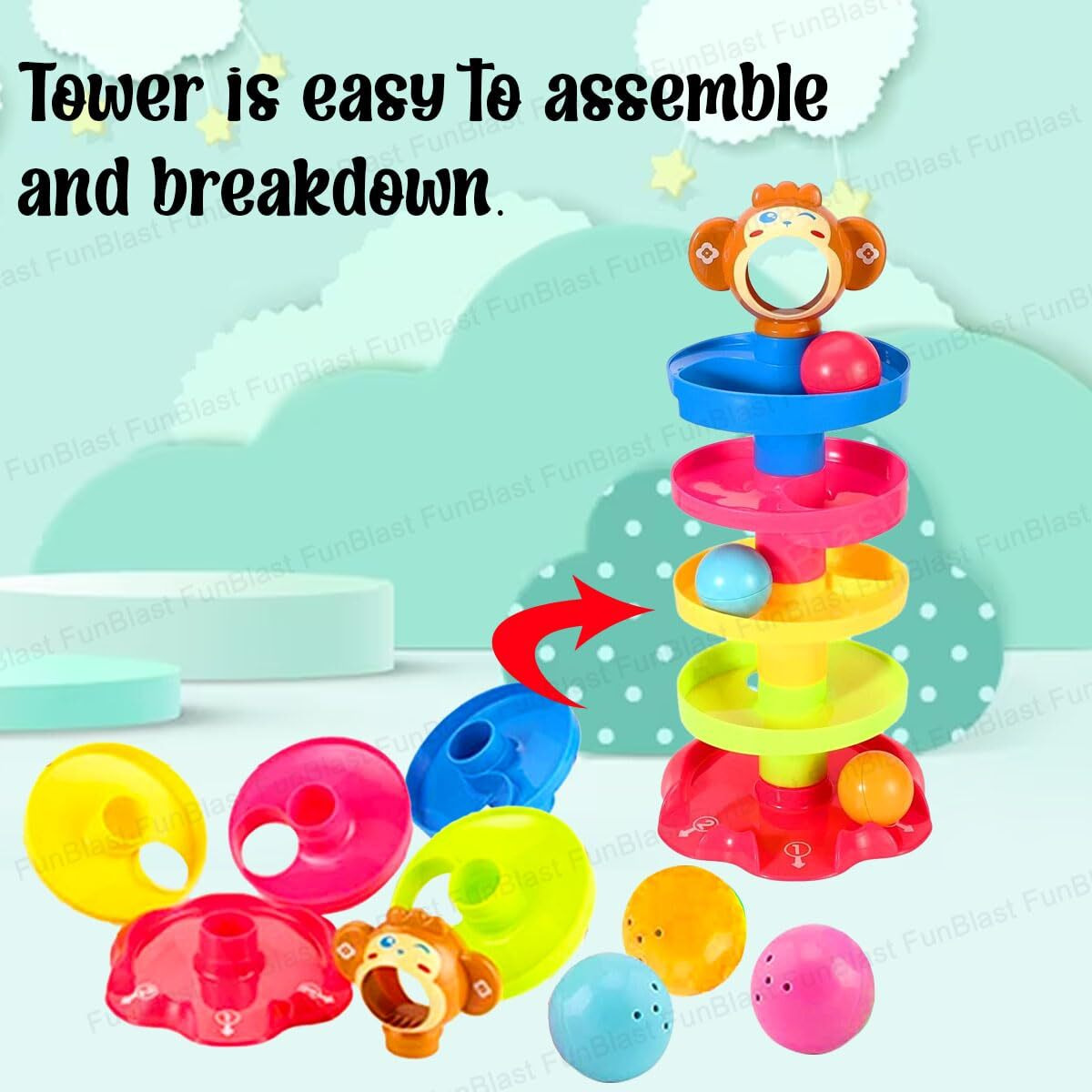 Funblast Roll Swirling Tower For Baby & Toddler Educational Toys | Stack, Drop And Go Ball Ramp Toy Set Includes 3 Spinning Activity Balls - Multicolor