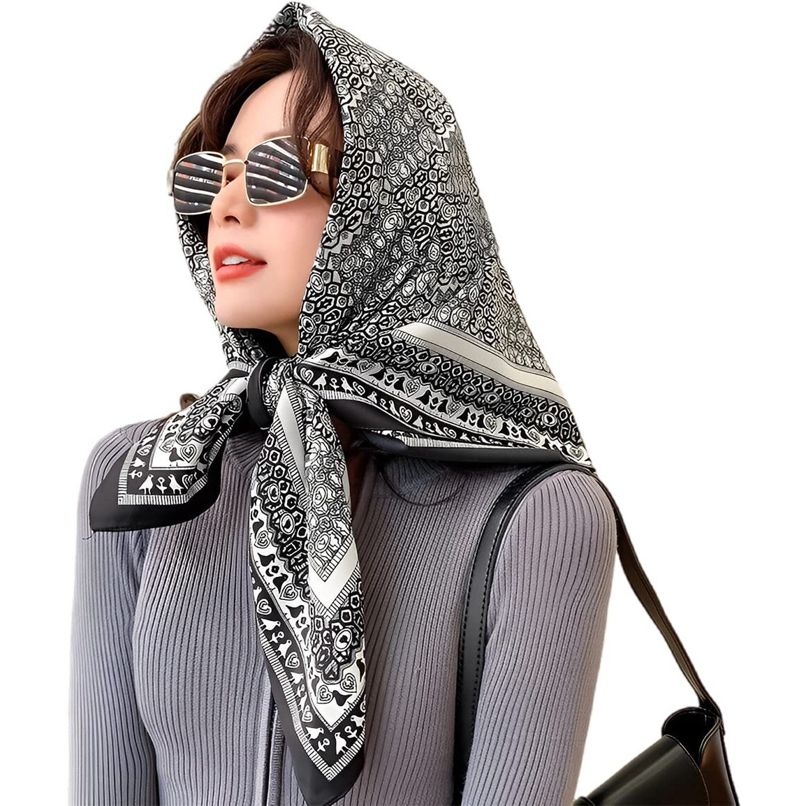 Palay Female Scarf For Women Square Scarfs Satin Silk-Like Hair Scarves Wraps Headscarf (Black - B)