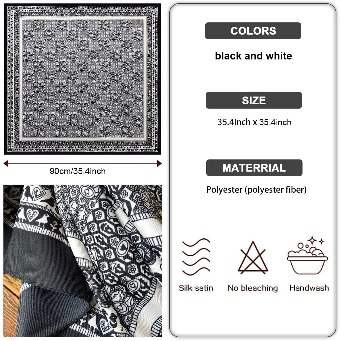 Palay Female Scarf For Women Square Scarfs Satin Silk-Like Hair Scarves Wraps Headscarf (Black - B)