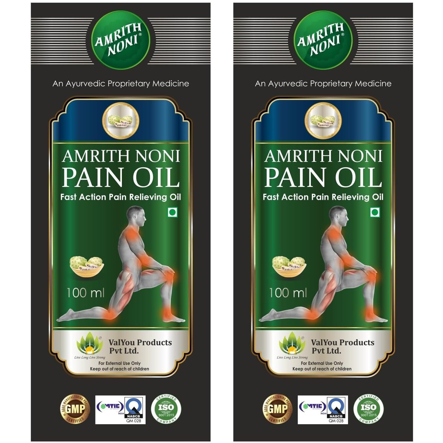 Amrith Noni Pain Oil Ayurvedic Pain Relief Oil For Back Pain, Joint Pain, Knee Pain, Body Pain, Ankle Pain, Muscle Pain, Neck Pain, Wrist Pain, Elbow Pain (100Ml) - Pack Of 2