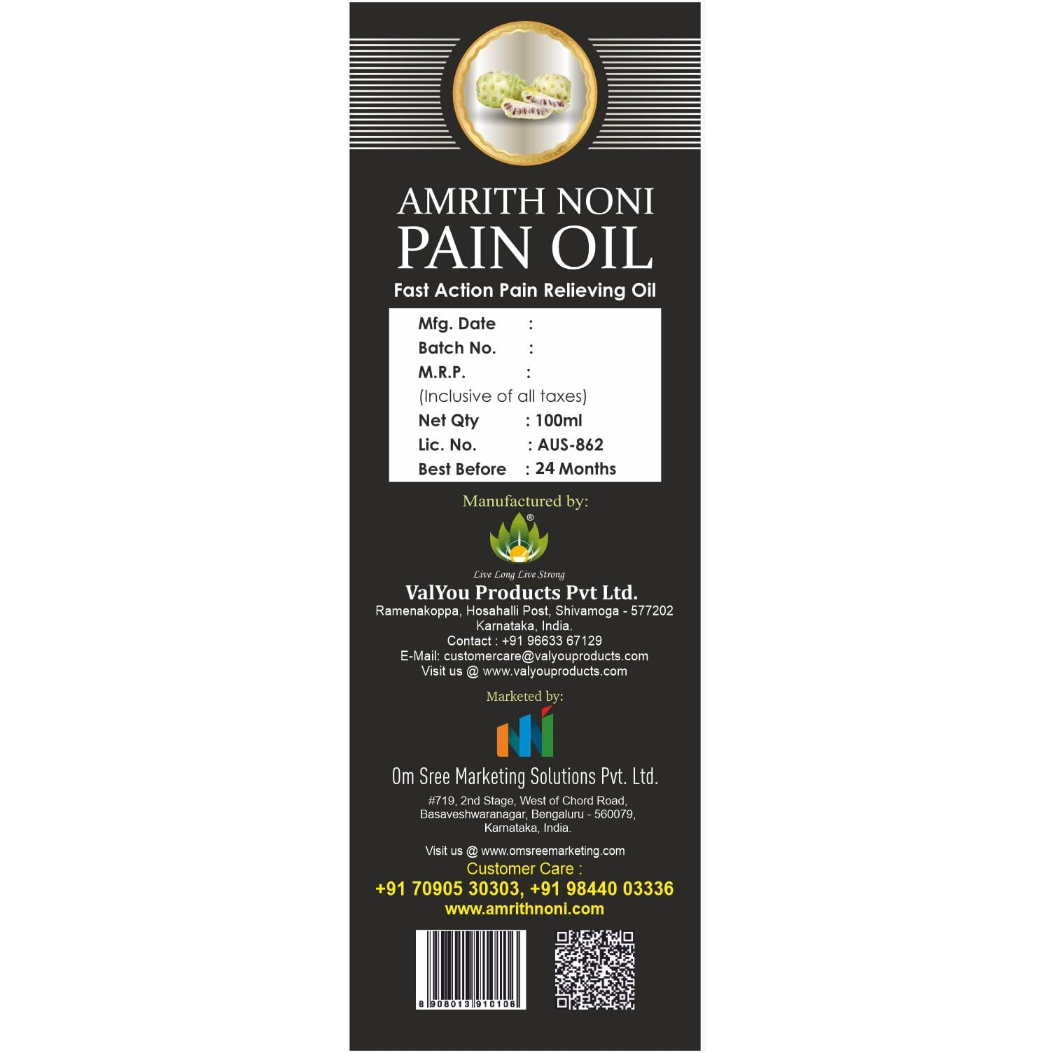 Amrith Noni Pain Oil Ayurvedic Pain Relief Oil For Back Pain, Joint Pain, Knee Pain, Body Pain, Ankle Pain, Muscle Pain, Neck Pain, Wrist Pain, Elbow Pain (100Ml) - Pack Of 2