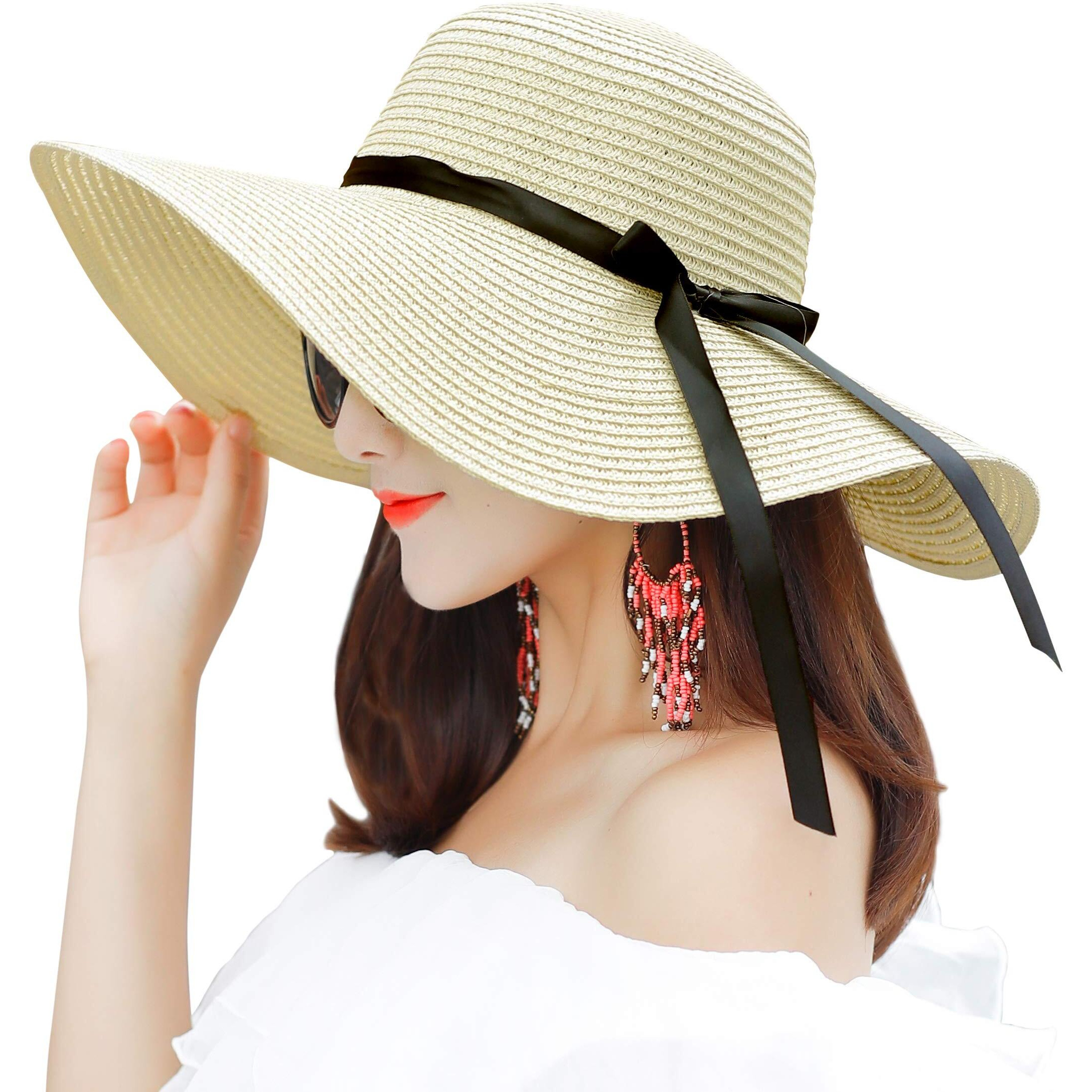 Muryobao Womens Wide Brim Straw Sun Hat Floppy Foldable Roll Up Cap Upf 50+ Summer Beach Hats, Beige, One Size