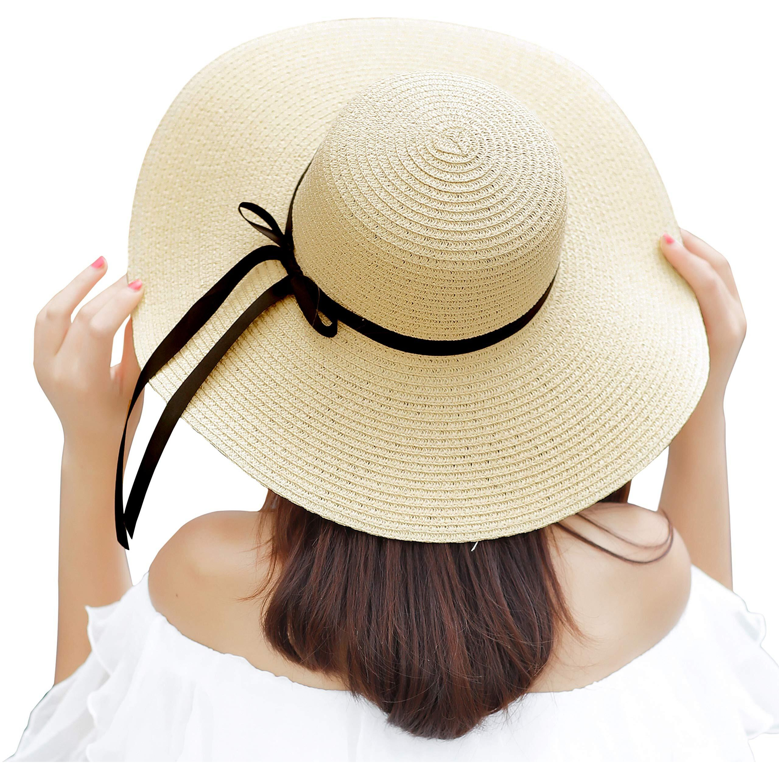 Muryobao Womens Wide Brim Straw Sun Hat Floppy Foldable Roll Up Cap Upf 50+ Summer Beach Hats, Beige, One Size