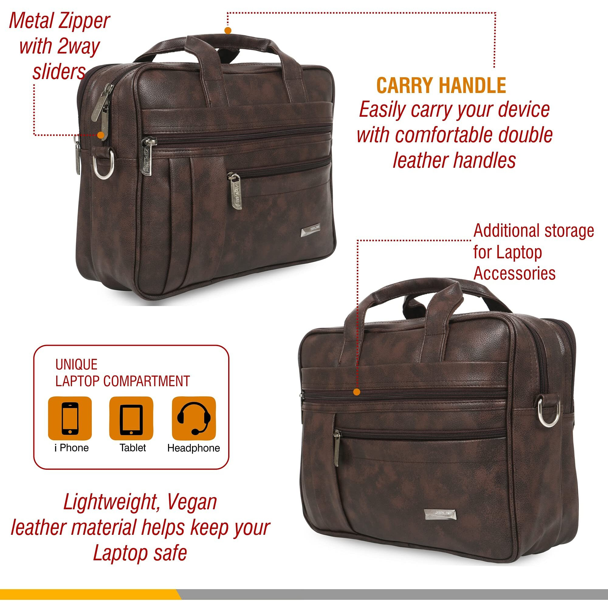 Zipline Office Faux Leather Laptop Bag For Men - Fits 14/15/15.6 Inch Laptop/Tablet Messenger Bags For Mens (1-Black Bag)