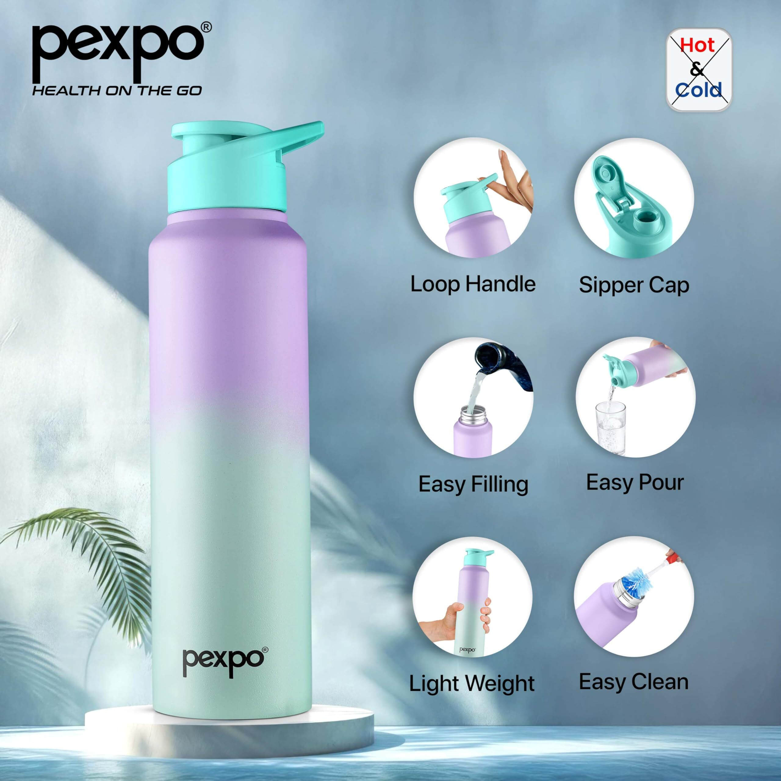 Pexpo Craft Pro Stainless Steel Sports/Fridge Water Bottle With Sipper Cap, 1000Ml, Purple-Green Ombre | Eco Friendly | Bpa Free | Water Bottle For Office, Gym, School, Yoga, Trekking, Adults & Kids