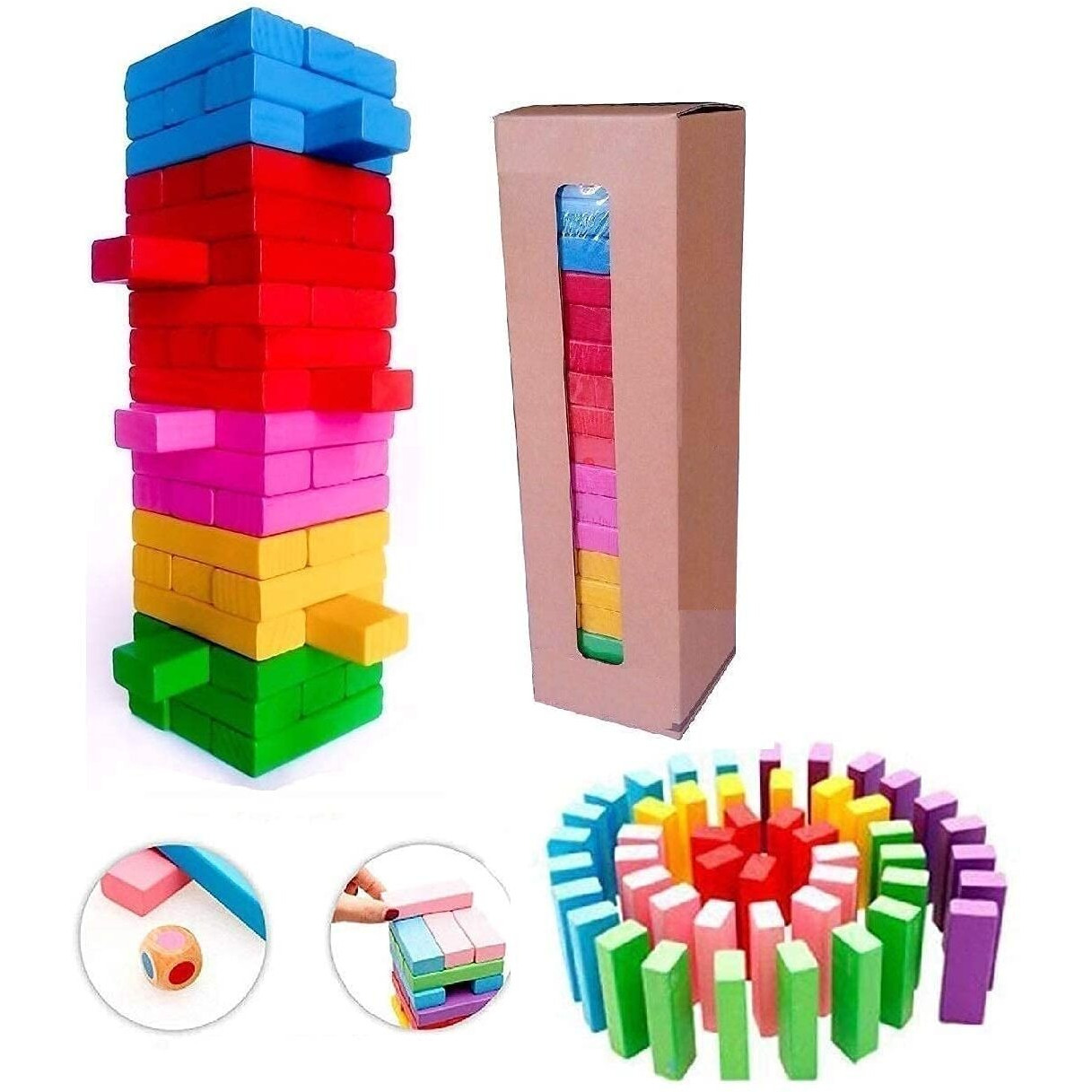 Prime Deals Wooden Blocks 54 Pcs 2 Dice Building Blocks Game Challenging Wooden Tumbling Tower, Wooden Stacking Toys With Dices Board Educational Puzzle Game For Adults And Kids (Color)