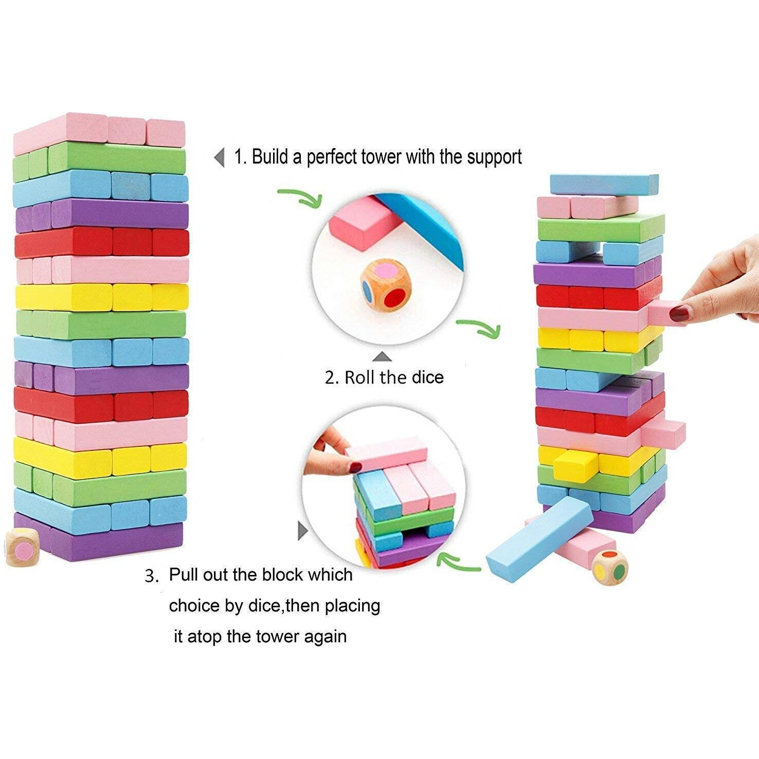 Prime Deals Wooden Blocks 54 Pcs 2 Dice Building Blocks Game Challenging Wooden Tumbling Tower, Wooden Stacking Toys With Dices Board Educational Puzzle Game For Adults And Kids (Color)