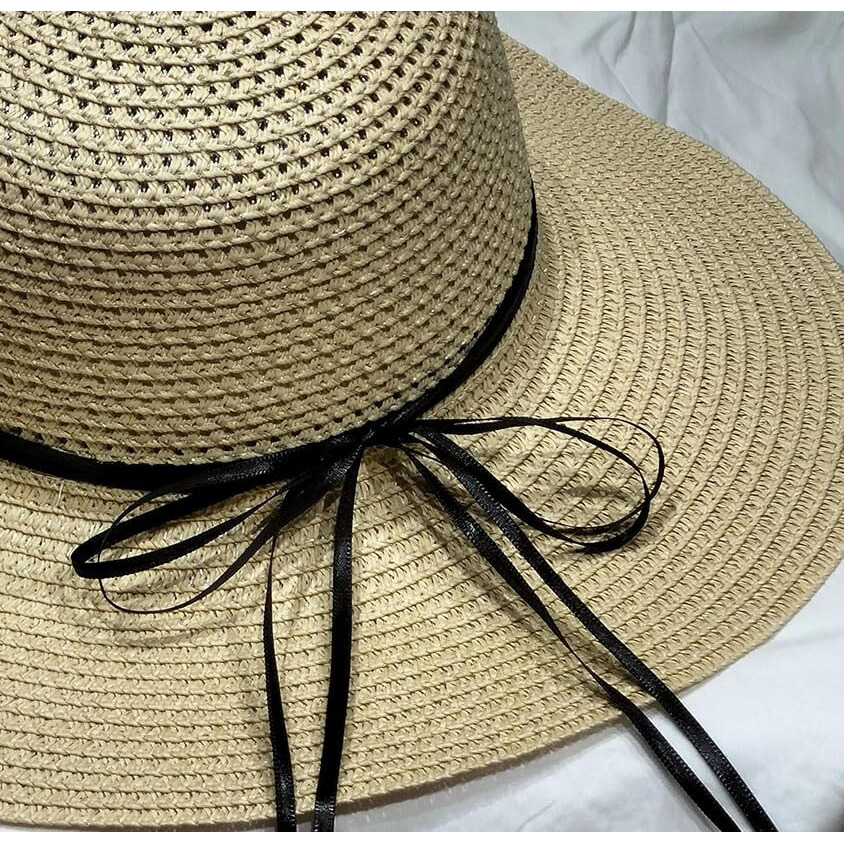 Clothera Summer Brim Floppy Straw Beach Hats For Women (Beige With Black Thread)