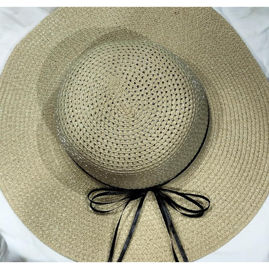 Clothera Summer Brim Floppy Straw Beach Hats For Women (Beige With Black Thread)