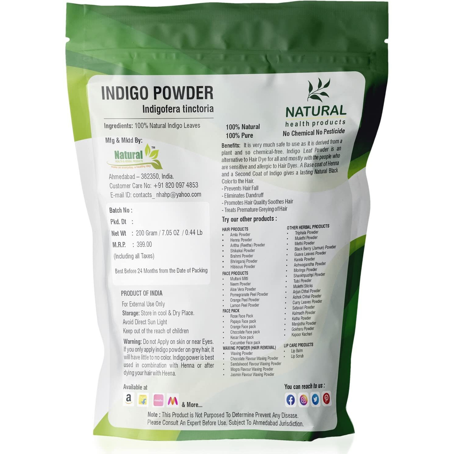 Natural Health Products Indigo Powder (Indigofera Tinctoria) Organic For Hair Pure Neel Powder For Natural Ayurvedic Hair Colorant Black/Brown Hair & Beard Dye/Color/Eat - Black (200 Gm)
