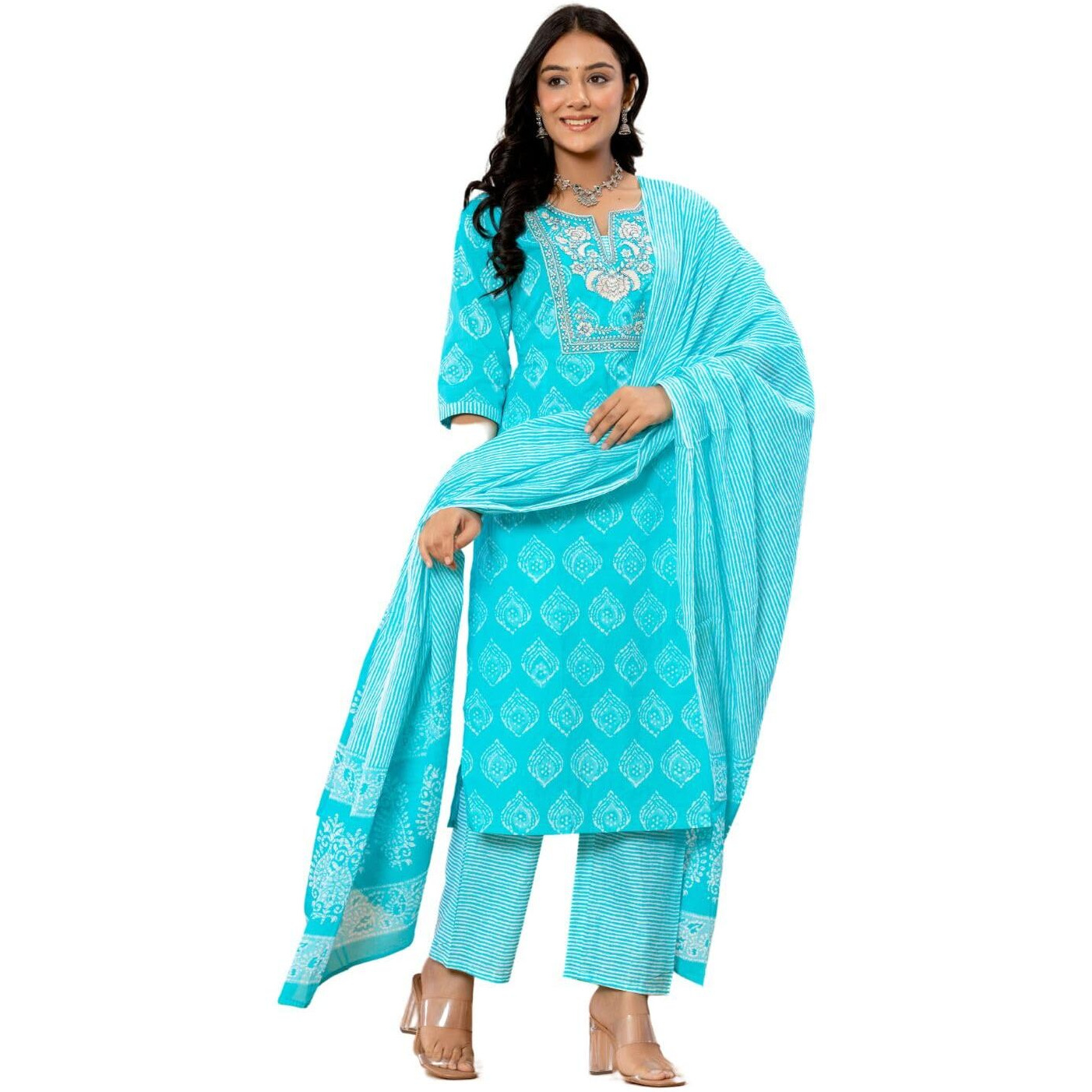 Amayra Women's Cotton Embroidered Straight Kurta With Palazzo Pant And Dupatta Set(Tck566,Turquoise,L)