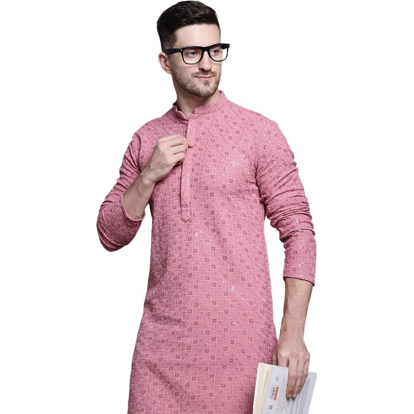 Jompers Men's Sequin Embroidered Pure Cotton Kurtas (Coral, M)
