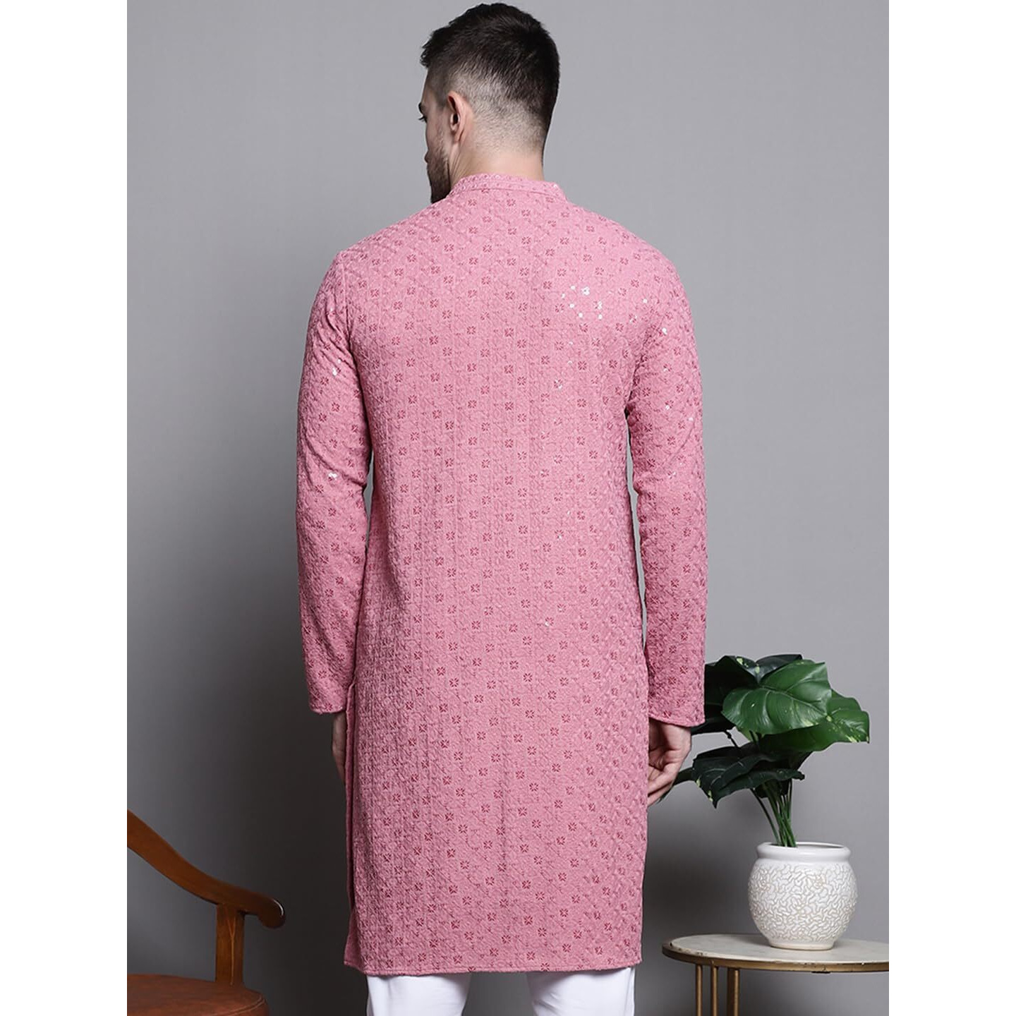 Jompers Men's Sequin Embroidered Pure Cotton Kurtas (Coral, M)