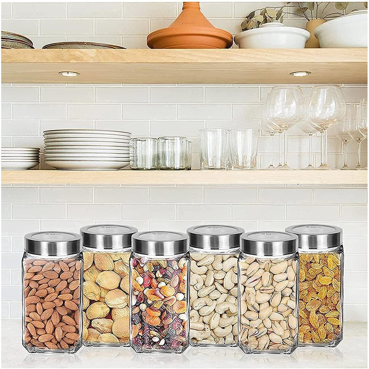 Vency Piramal Glass Storage Glass Jar & Containers For Kitchen Pantry, Snacks, Masala, Jams, Pickles, Cookies, Dry Fruits, Coffee Beans Storage With Lid, 1 Ltr, Set Of 6, Blue