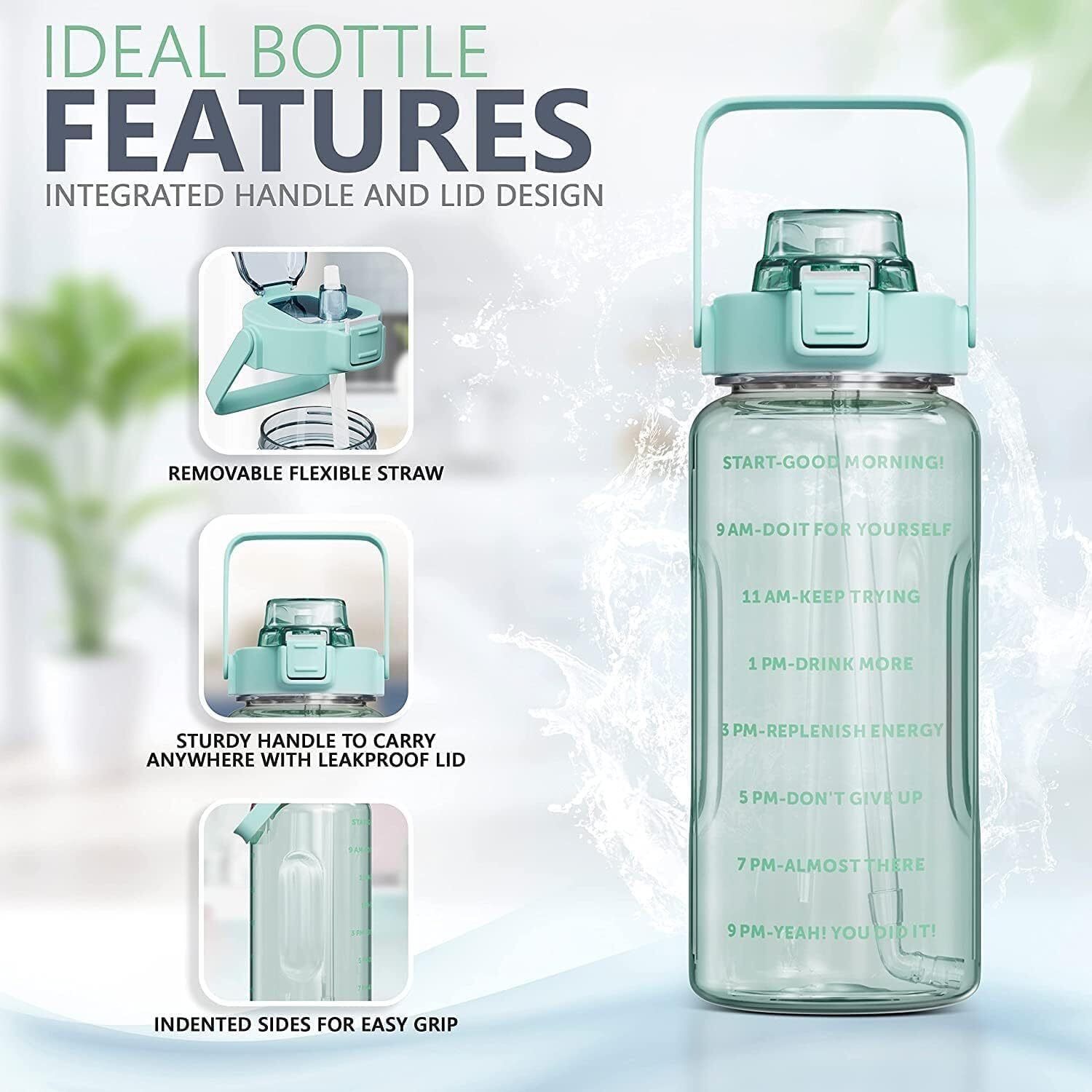 Glivary Plastic 2 L Capacity Transparent Motivational Water Bottles With Leak Proof & Break-Proof|Best Usage For Office/School/College/Gym/Travel Bottle|Fitness Sports Bottle(2 Liter, Green)