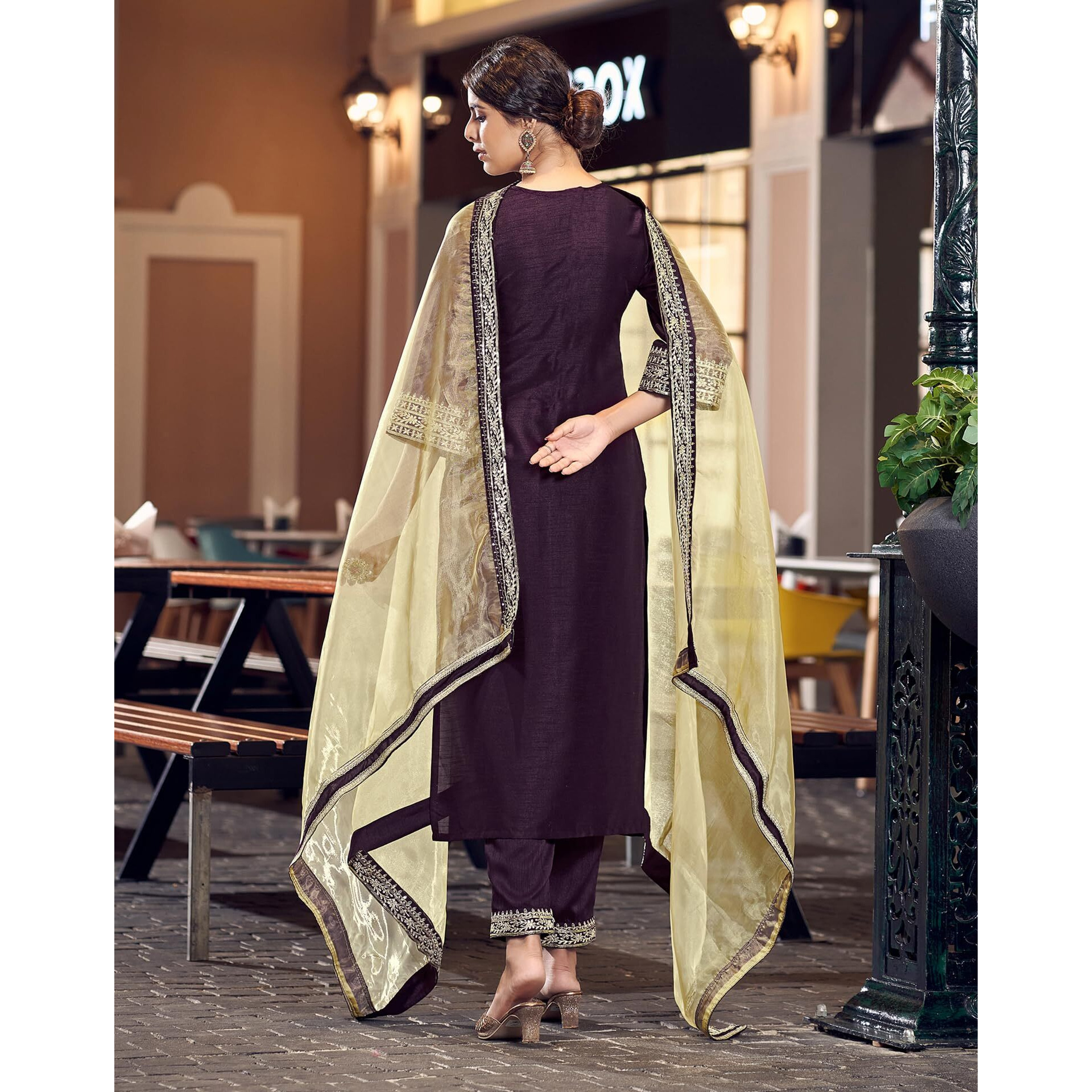 Siril Women's Silk Embroidered Straight Kurta Pant With Dupatta Set (104Kbd1133-M_Wine, Regular Fit)
