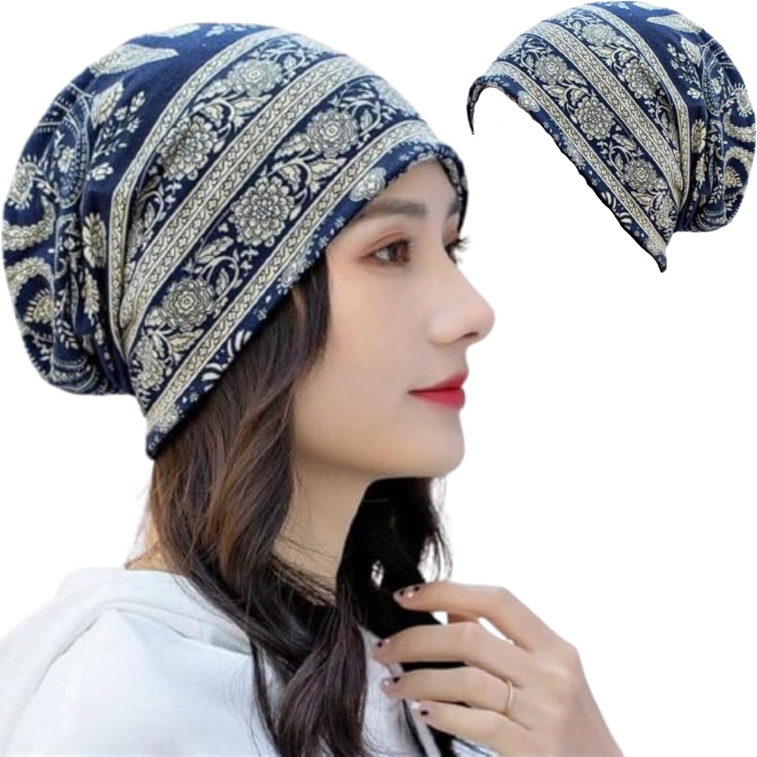 Shopvilla Polyester Blend Bandanas For Women, Slouchy Chemo Cap Beanie Cap For Women, Boho Print Bandanas Skull Cap, Fashion Soft Stretch Chemo Scarf Helmet Cap, Casual Saggy Head Scarves