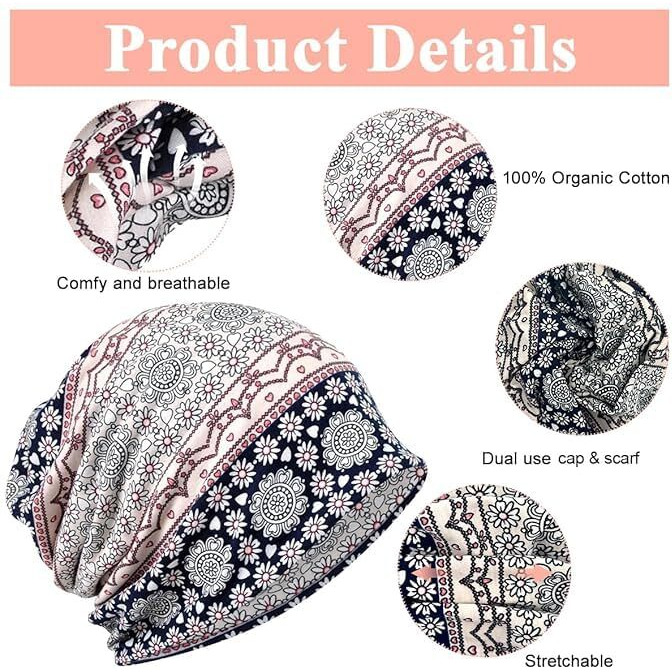 Shopvilla Polyester Blend Bandanas For Women, Slouchy Chemo Cap Beanie Cap For Women, Boho Print Bandanas Skull Cap, Fashion Soft Stretch Chemo Scarf Helmet Cap, Casual Saggy Head Scarves