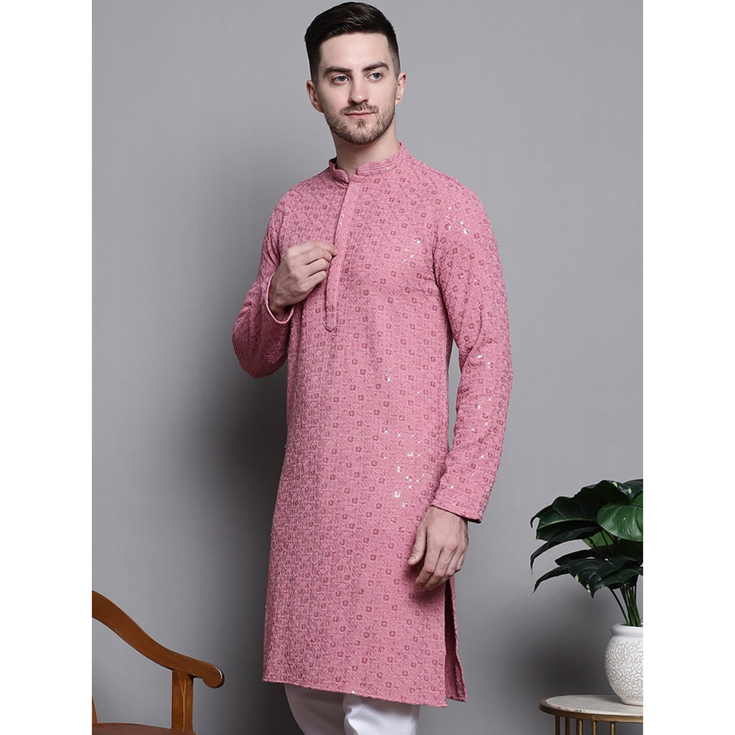 Jompers Men's Sequin Embroidered Pure Cotton Kurtas (Coral, L)