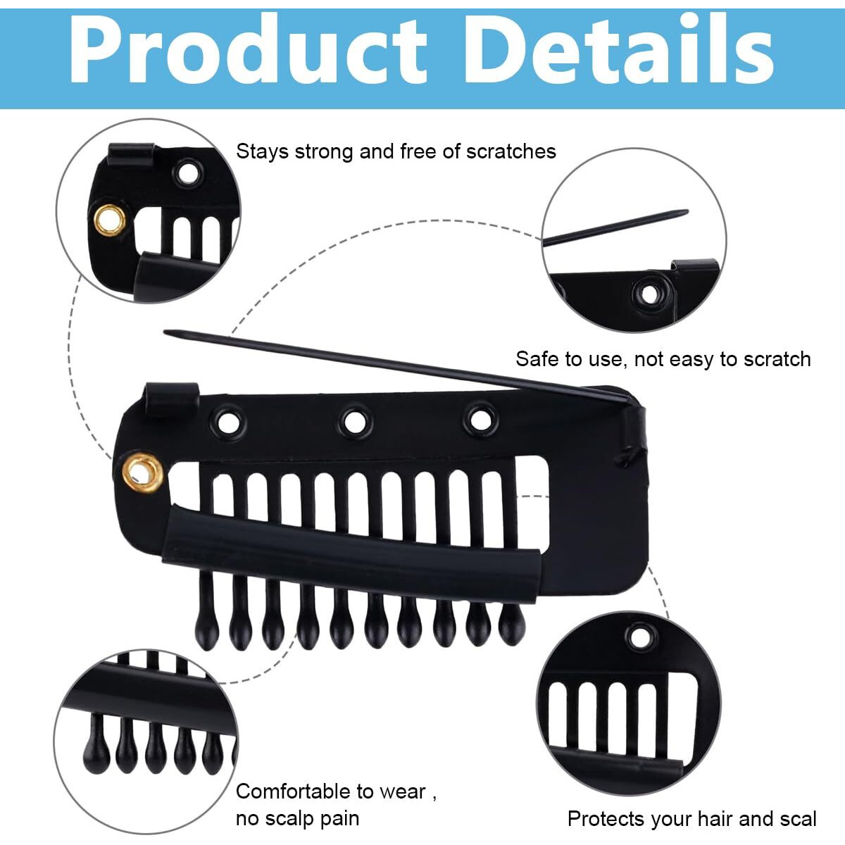 Maycreate 10Pcs Chunni Clips With Safety Pins, Snap-On Dupatta Pin Hijab Pins Stainless Steel Wig Clips For Headscarf Or Hair Extensions - Black