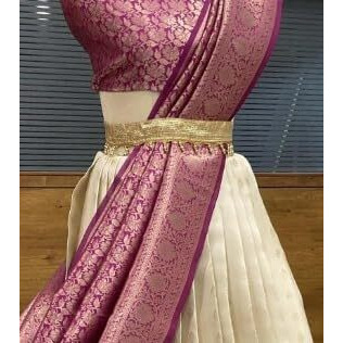 Zerico Women's Indian Traditional Kanjivaram Kanchipuram Silk Pure Zari Weaving Lehenga Choli And Havay Zari Work Dupatta With Blouse (All Unstitched) (Half Saree) (White-Pink)