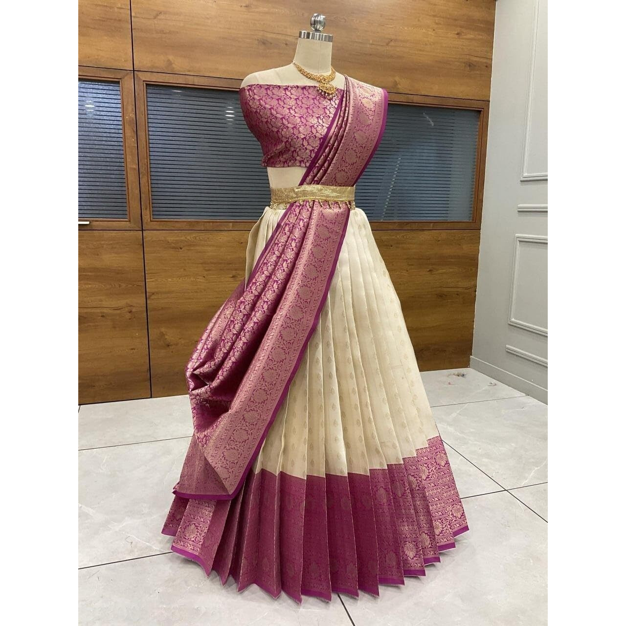 Zerico Women's Indian Traditional Kanjivaram Kanchipuram Silk Pure Zari Weaving Lehenga Choli And Havay Zari Work Dupatta With Blouse (All Unstitched) (Half Saree) (White-Pink)