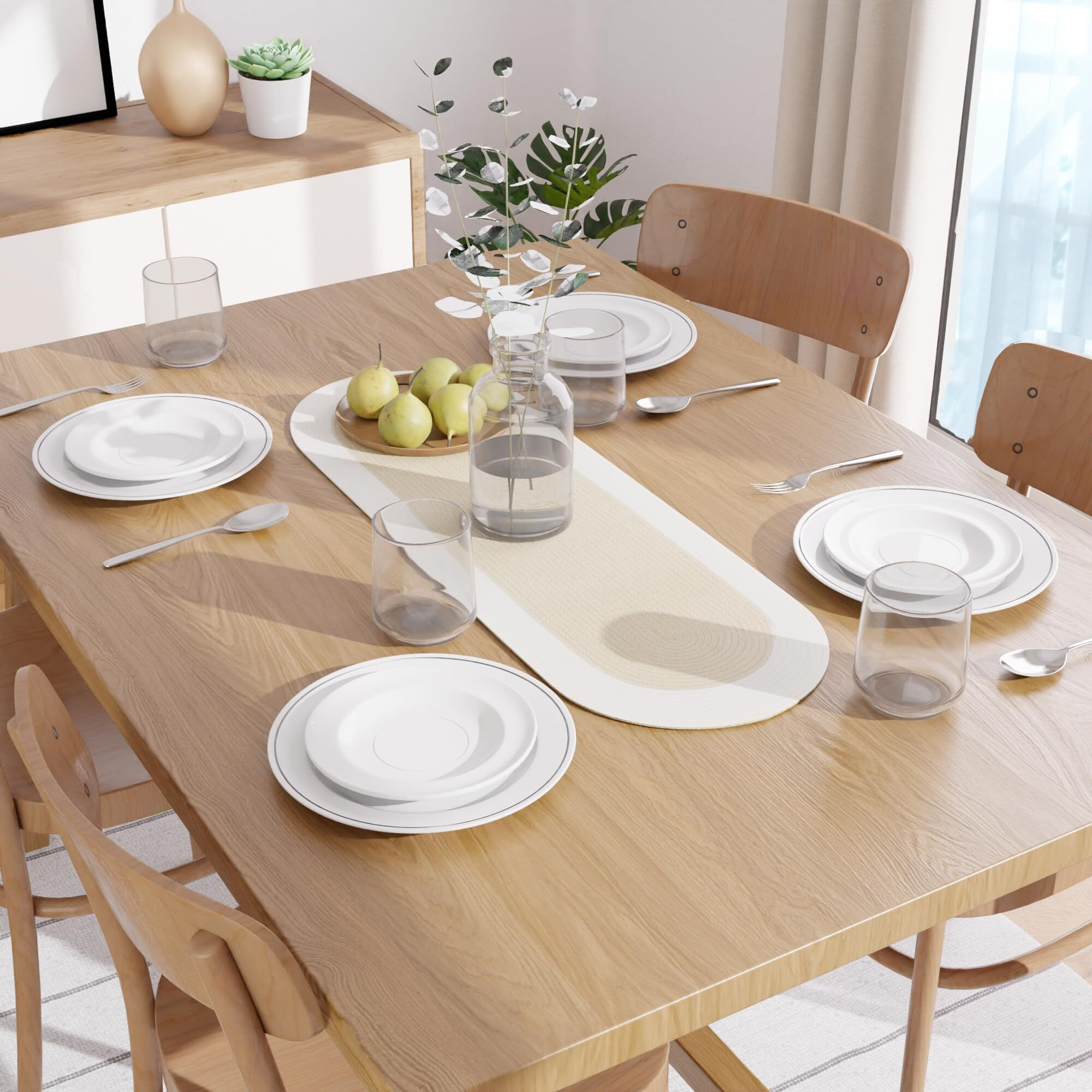 Encasa Table Runner For 4 Seater | Handmade Ribbed Style Cotton | 30X91 Cm | Beige & Off White | For Dining & Center Table