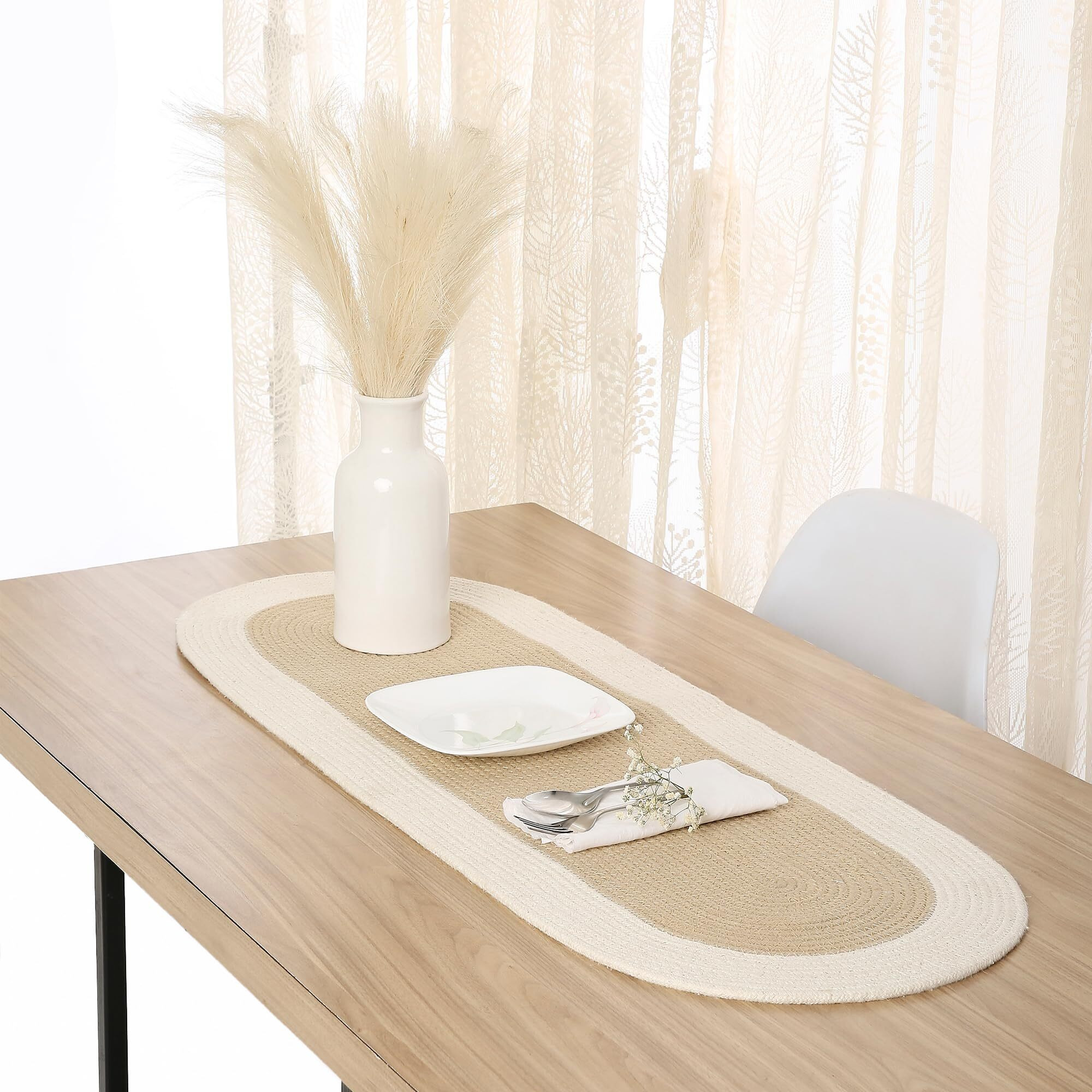 Encasa Table Runner For 4 Seater | Handmade Ribbed Style Cotton | 30X91 Cm | Beige & Off White | For Dining & Center Table