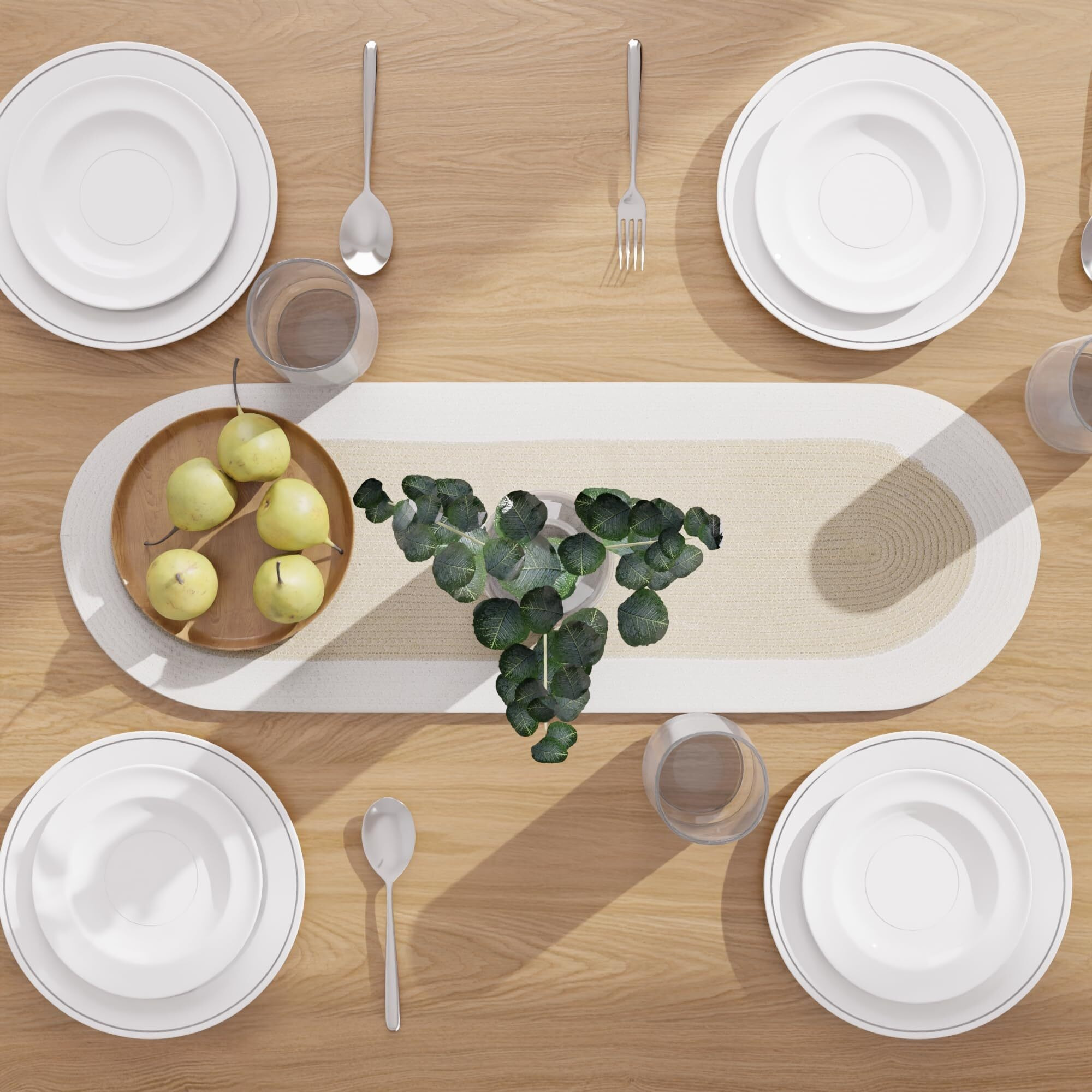 Encasa Table Runner For 4 Seater | Handmade Ribbed Style Cotton | 30X91 Cm | Beige & Off White | For Dining & Center Table