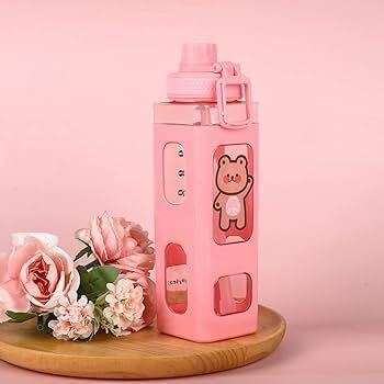 Pelton Kawaii Water Bottle With Straw And Sticker, Kawaii Bear Water Bottle, Large Sport Plastic Portable Square Drinking Bottle For Girl, Cute Juice Tea Water Cups (Pink) 700 Ml