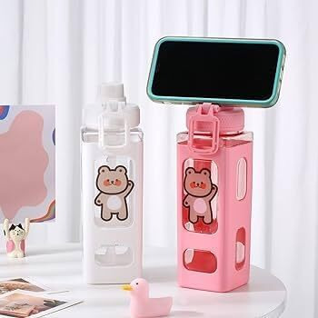 Pelton Kawaii Water Bottle With Straw And Sticker, Kawaii Bear Water Bottle, Large Sport Plastic Portable Square Drinking Bottle For Girl, Cute Juice Tea Water Cups (Pink) 700 Ml