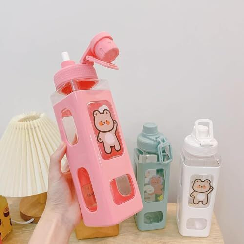 Pelton Kawaii Water Bottle With Straw And Sticker, Kawaii Bear Water Bottle, Large Sport Plastic Portable Square Drinking Bottle For Girl, Cute Juice Tea Water Cups (Pink) 700 Ml