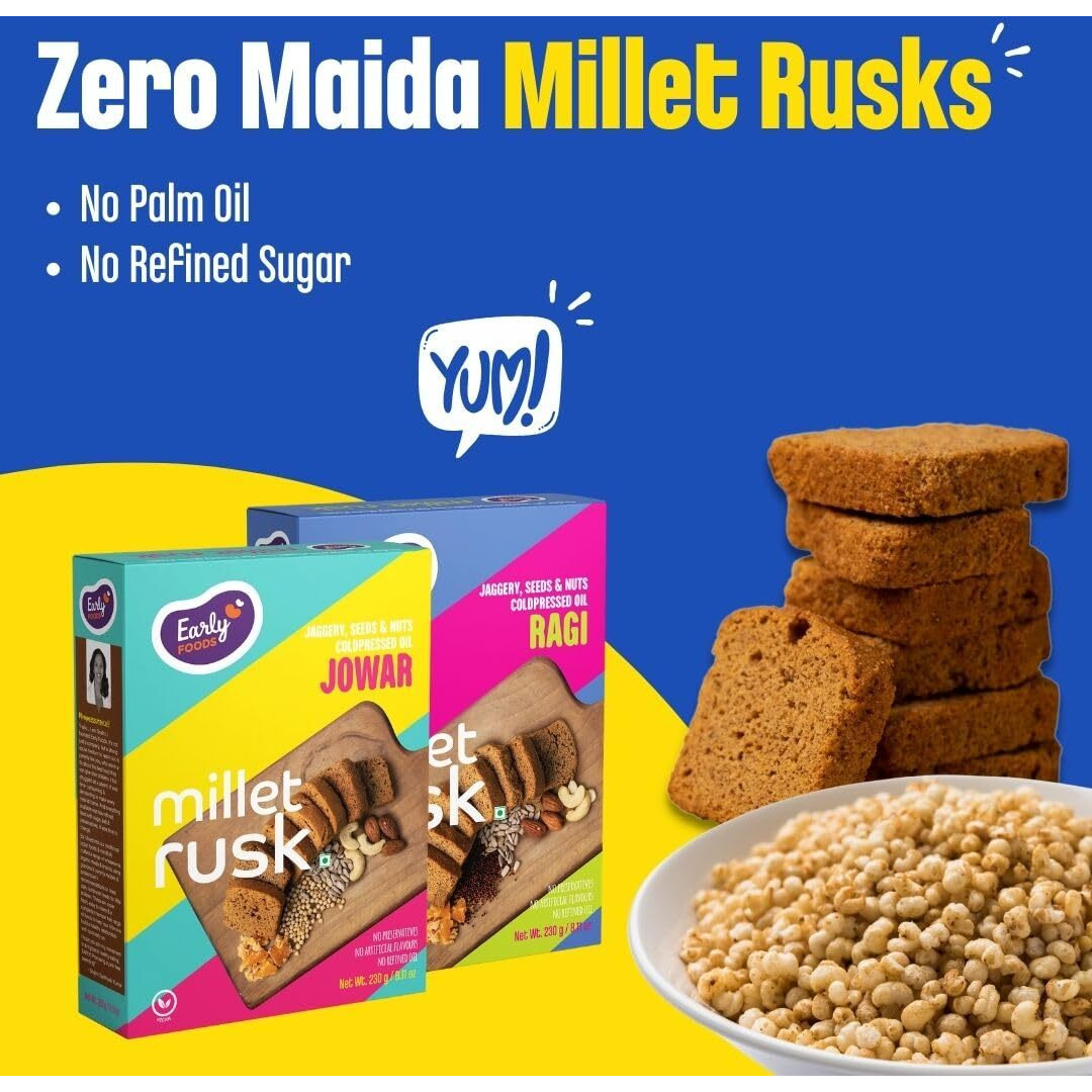 Early Foods Assorted Pack Of 2 Zero Maida Ragi Rusk & Jowar Rusk | Sugar Free Millet Rusk With Jaggery | No Maida Rusk With Whole Wheat Rusk | Kids Snack | Tea Toast | Millet & Atta Rusk 210G X 2