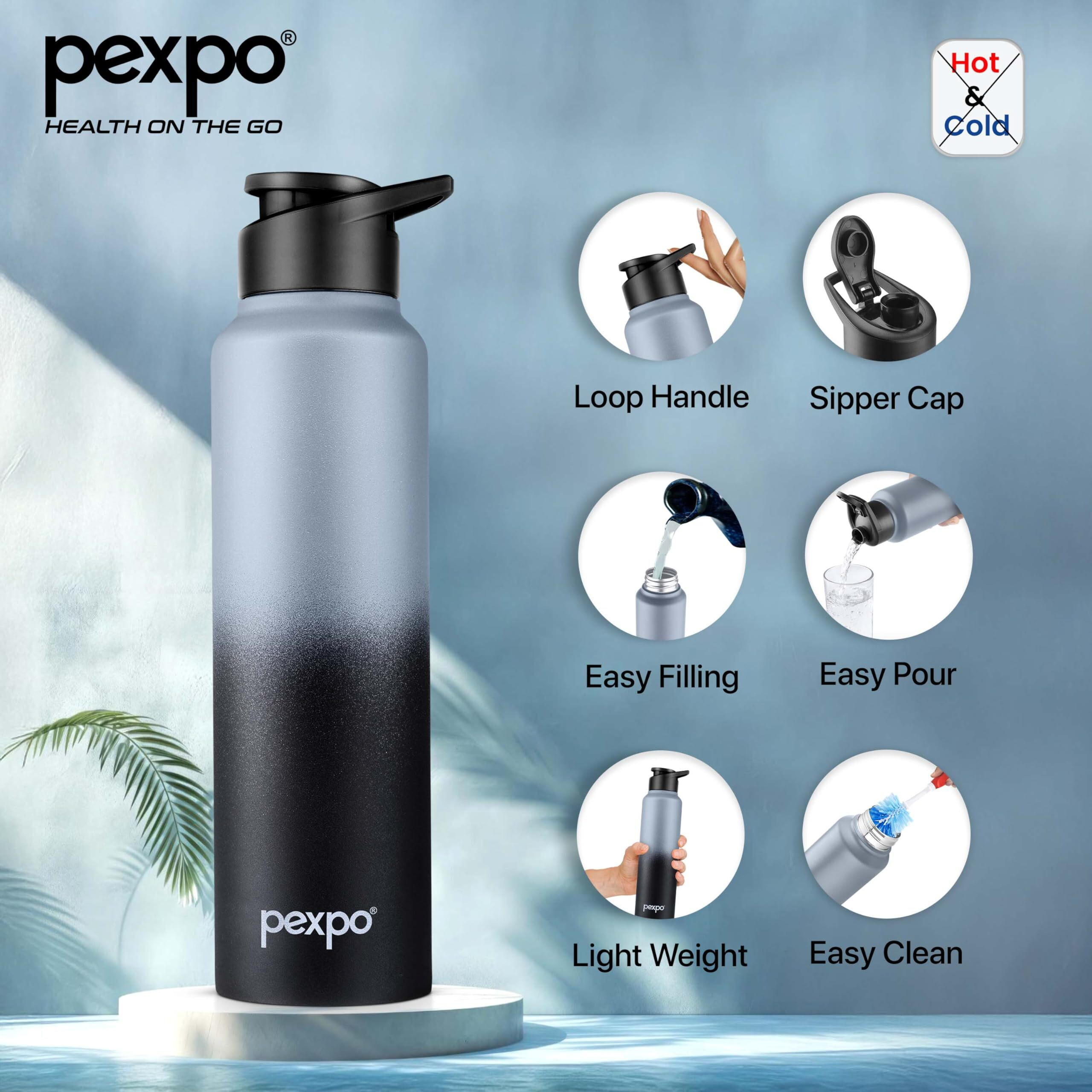 Pexpo Craft Pro Stainless Steel Sports/Fridge Water Bottle With Sipper Cap, 1000Ml, Grey-Black Ombre | Eco Friendly | Bpa Free | Water Bottle For Office, Gym, School, Yoga, Trekking, Adults & Kids