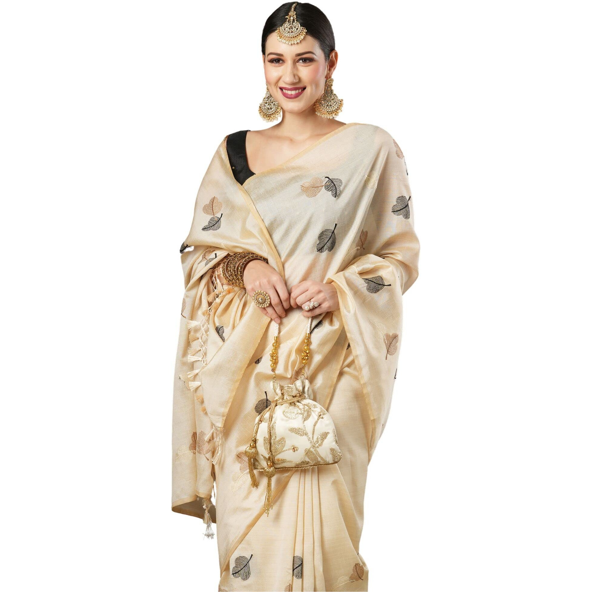 Akhilam Women's Embroidered Silk Blend Banarasi Saree With Unstitched Blouse Piece (Cream_6Kavi601)