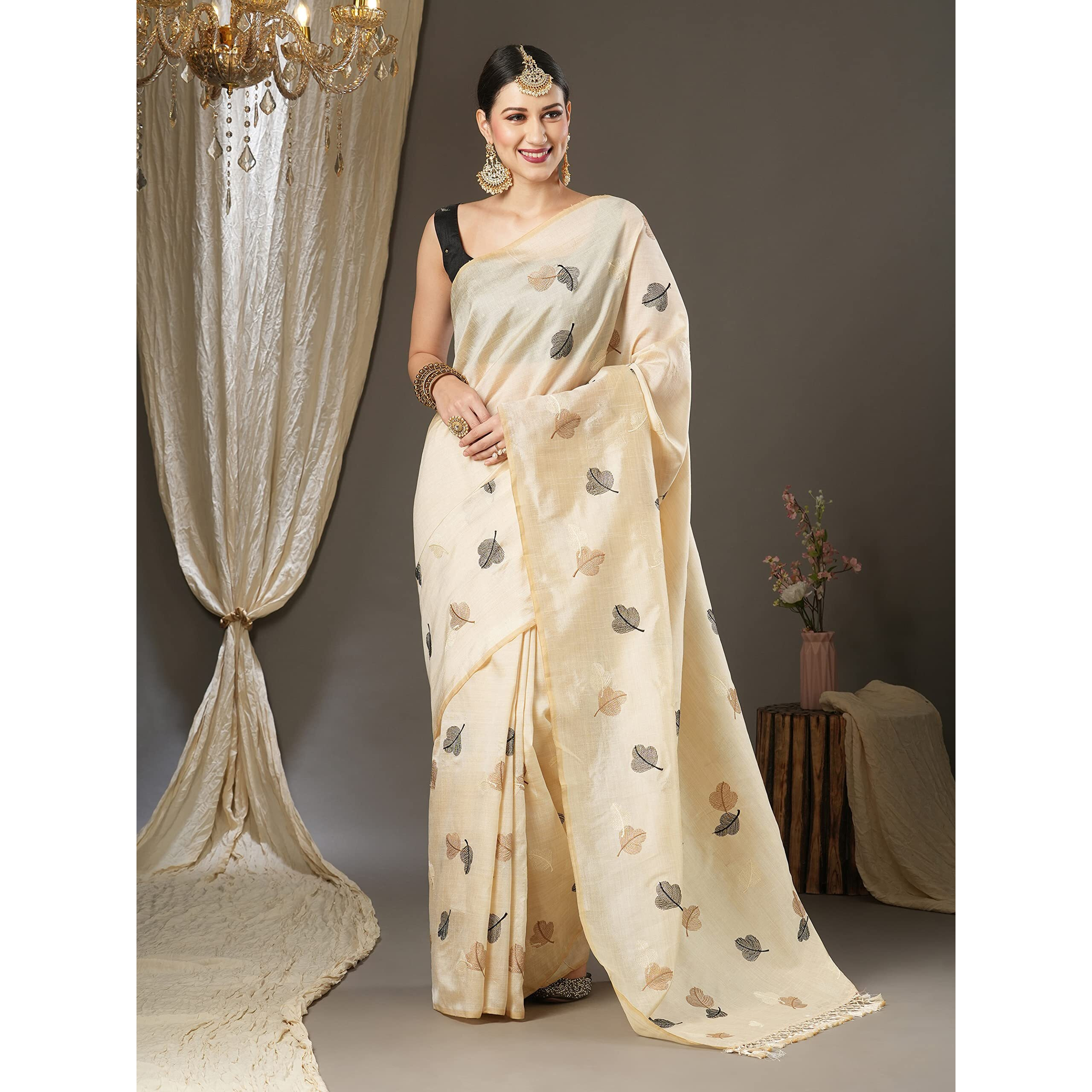 Akhilam Women's Embroidered Silk Blend Banarasi Saree With Unstitched Blouse Piece (Cream_6Kavi601)