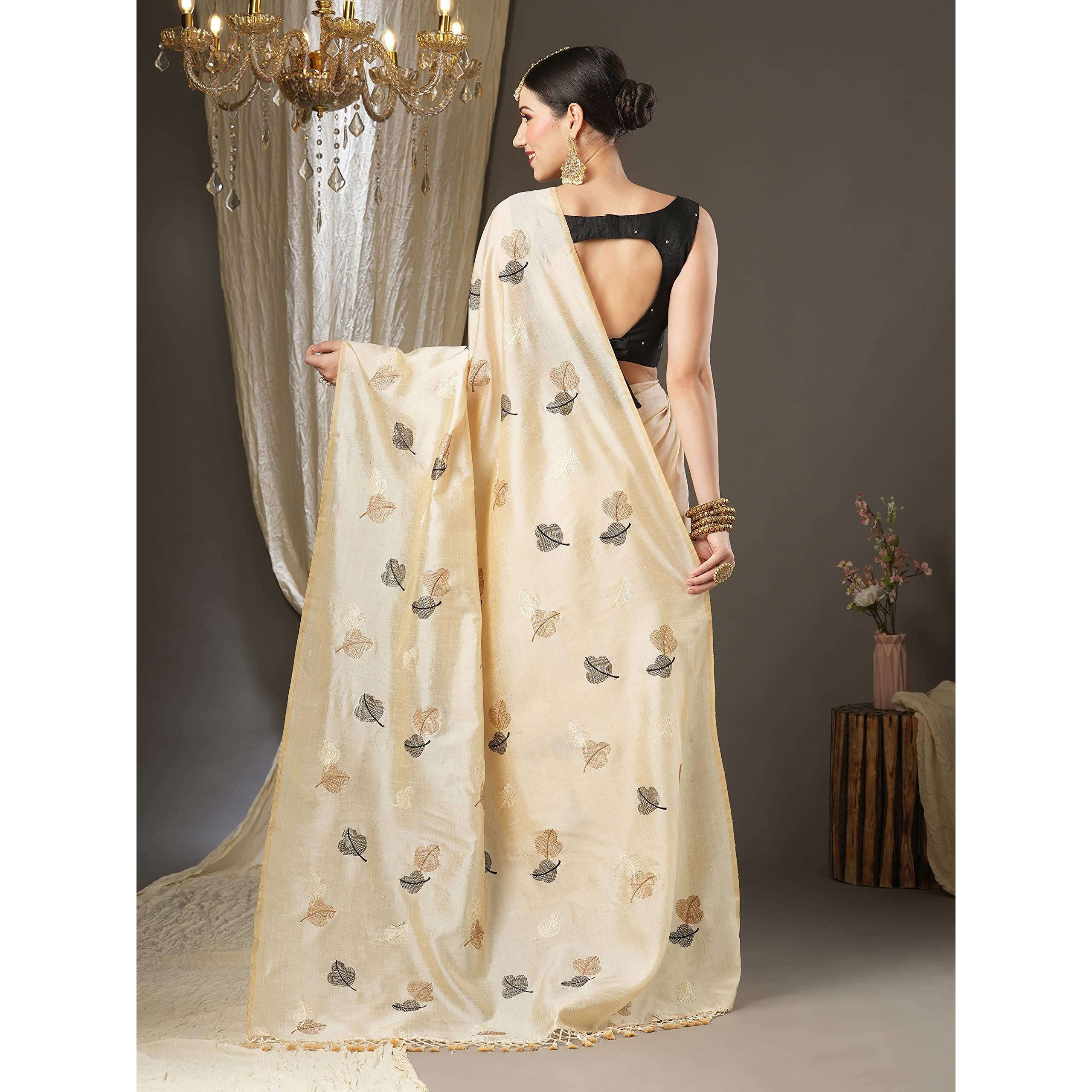 Akhilam Women's Embroidered Silk Blend Banarasi Saree With Unstitched Blouse Piece (Cream_6Kavi601)